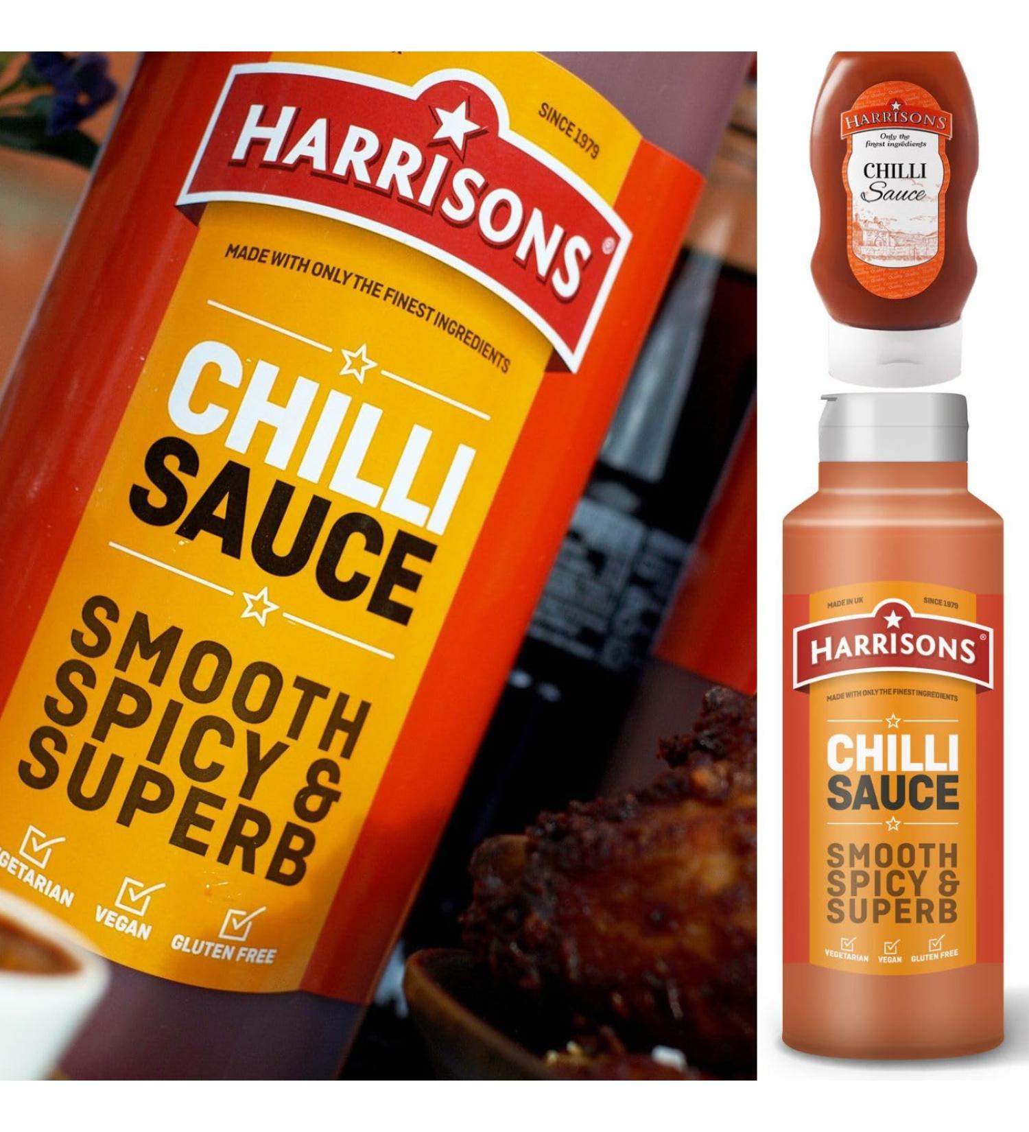 Harrisons Chilli Sauce Bottles Pack of 2 Vegetarian Sauces 1 of 300 ml and 2nd Sauce 1L -No Artificial Colour and Flavour - Made in UK