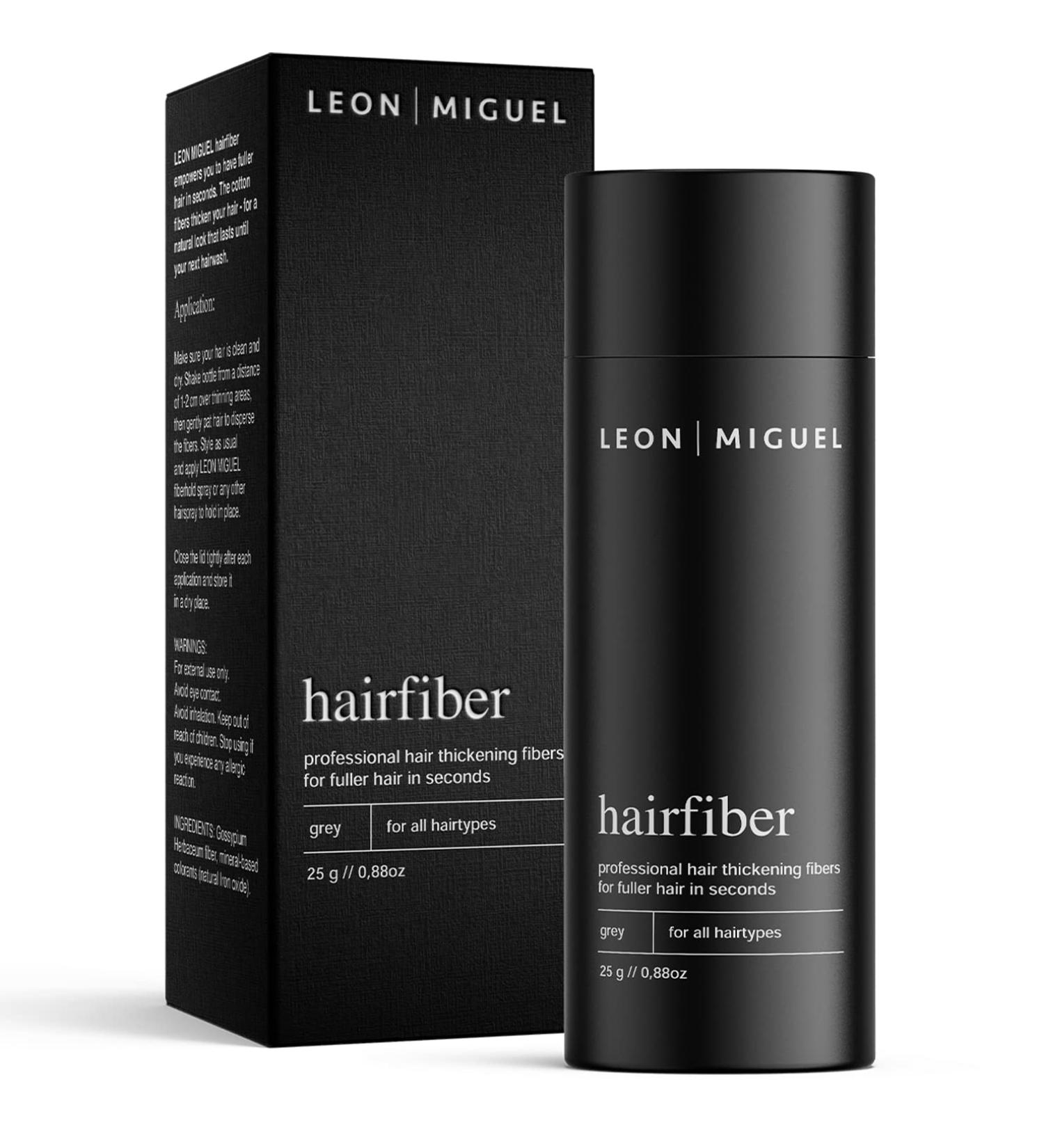 LEON MIGUEL Hair Fiber - Premium Hair Thickener for Receding Hairlines, Balding Areas, and Thinning Hair | 25g (GREY) - Buy Online on GoSupps.com