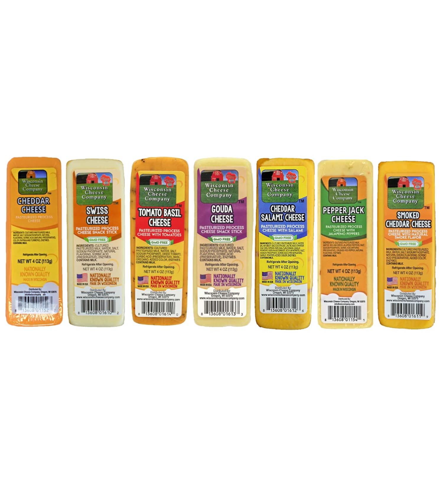 Wisconsin Cheese Company Specialty Cheese Blocks Sampler - 7 Assorted 4oz Blocks incl. Cheddar, Pepper Jack, Swiss, Gouda, Salami, Smoked Cheddar & Tomato Basil - Buy Online on GoSupps.com