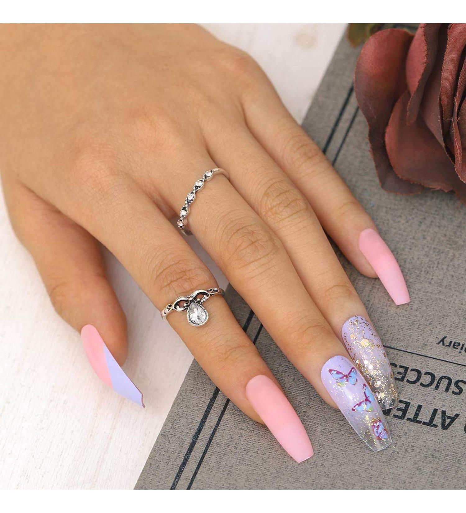 Sethexy Long Ballerina Matt False Nail Tips - Pink Gradient Sparkle Butterfly Coffin Fingernails | 24pcs Acrylic Art for Women & Girls - International Shipping Available - Buy Online on GoSupps.com