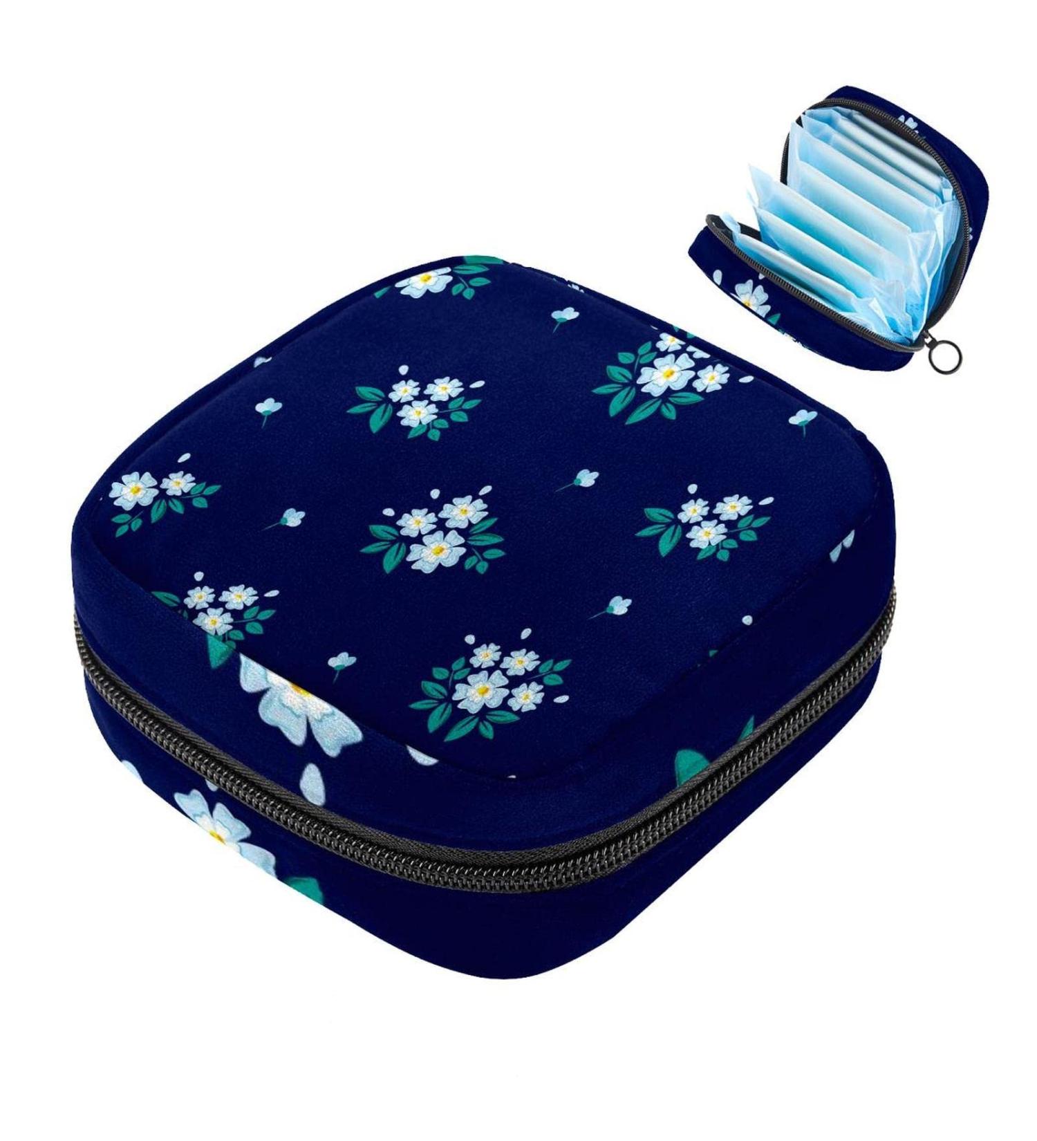 Stylish Menstruation Pad Bag with Zipper - Floral Napkin & Tampon Bag for Women & Girls - Light Blue & Royal Blue Design - Buy Online on GoSupps.com