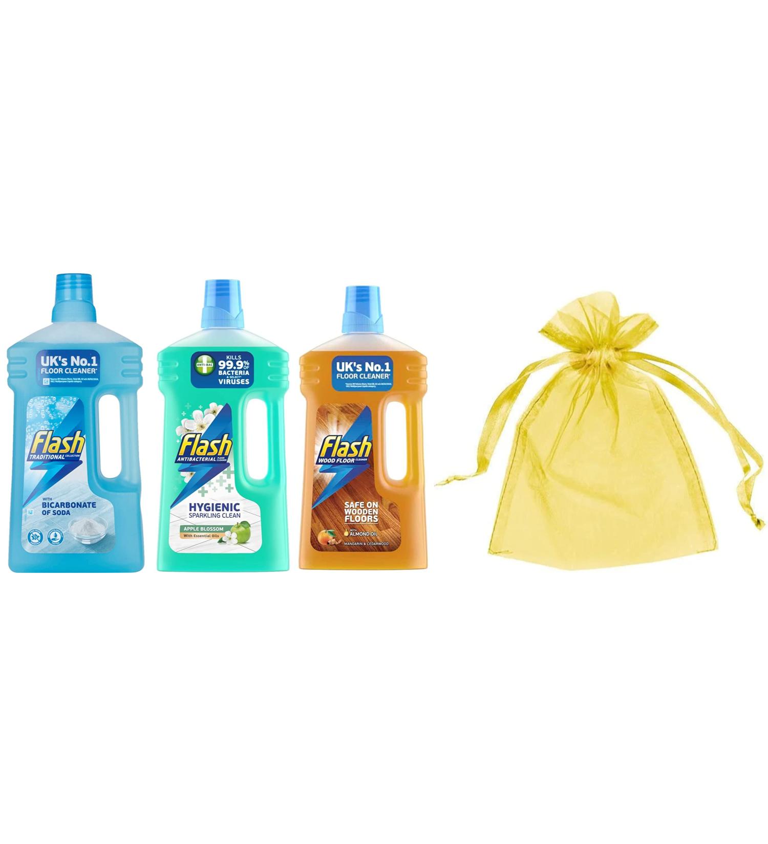 Flash All Purpose & Floor Cleaner Bundle: Cleaner with Bicarbonate of Soda 1L + Antibacterial Apple Blossom 1L + Wood Floor Cleaner Mandarin & Cedarwood 1L + Our Gift for you: Organza Bag 9x7x0.1cm - Buy Online on GoSupps.com