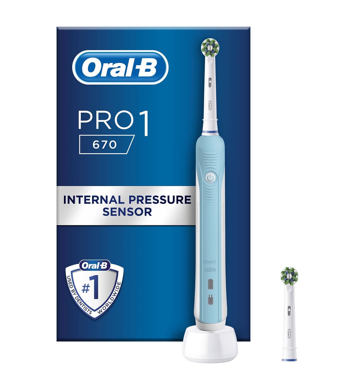 Oral-B Pro 1 Electric Toothbrush with Pressure Sensor - Christmas Gift for Adults - 3D Cleaning - 2 Pin UK Plug - Blue - Buy Online on GoSupps.com