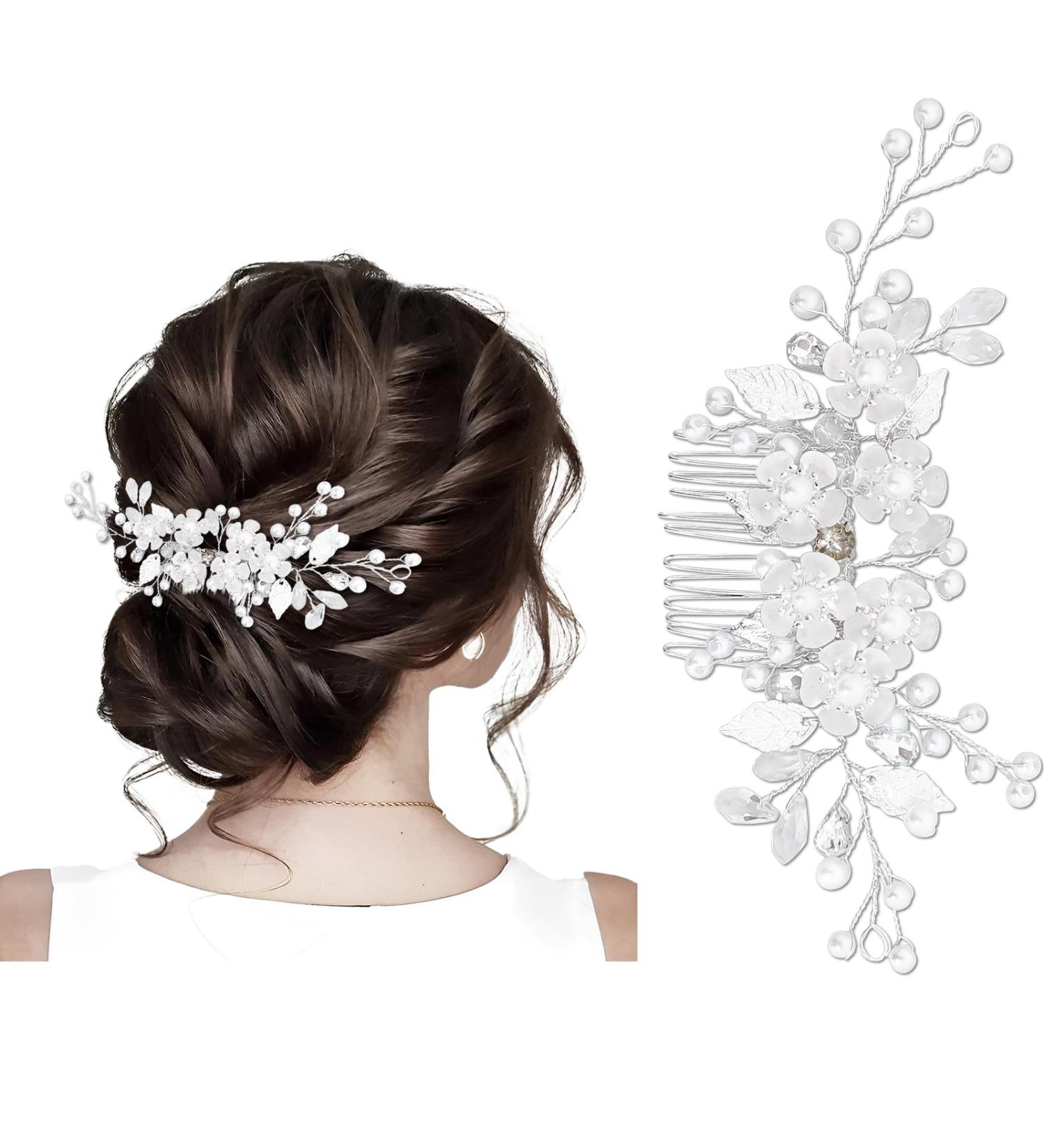 Makone Silver Rhinestone Wedding Hair Clip - Bridal Hair Accessories for Women - Flower Headpiece Barrette for Bride Bridesmaid Girls - Buy Online on GoSupps.com