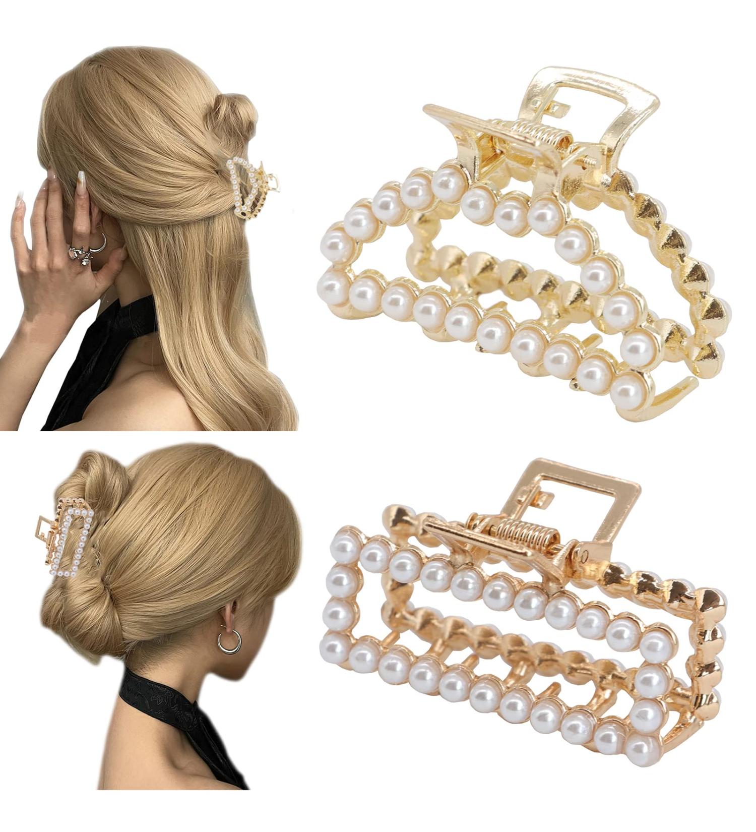 2Pcs Metal Hair Claw Clips with Pearl - Medium Hair Catch Jaw Clamp Barrette for Women and Girls - Buy Online on GoSupps.com