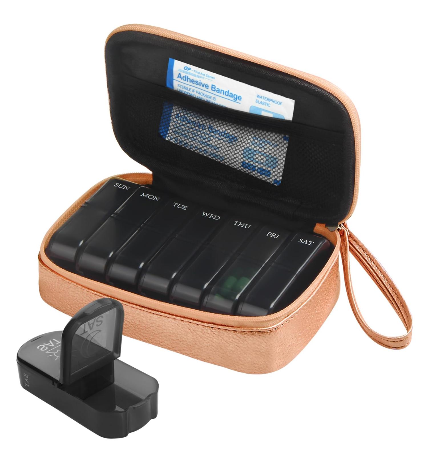 7 Day 2 Times a Day Weekly Pill Organizer in Rose Gold PU Leather Bag - BPA Free Travel Pill Dispenser for Medication and Vitamins - Buy Online on GoSupps.com