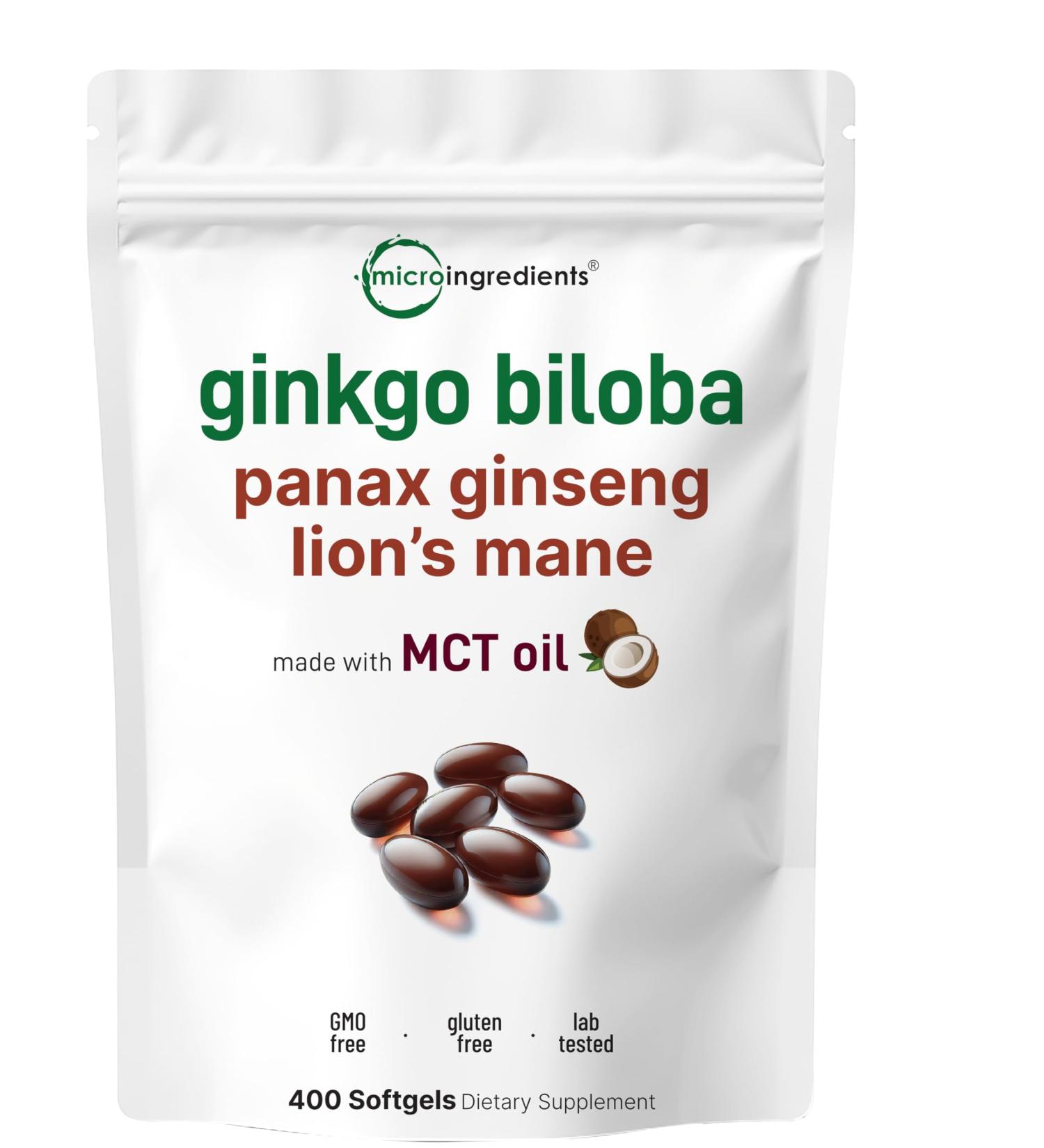 Micro Ingredients Ginkgo Biloba & Ginseng 400 Softgels | 6 Month Supply | Triple Strength Ginko Biloba & Lions Mane Supplement - Buy Online on GoSupps.com