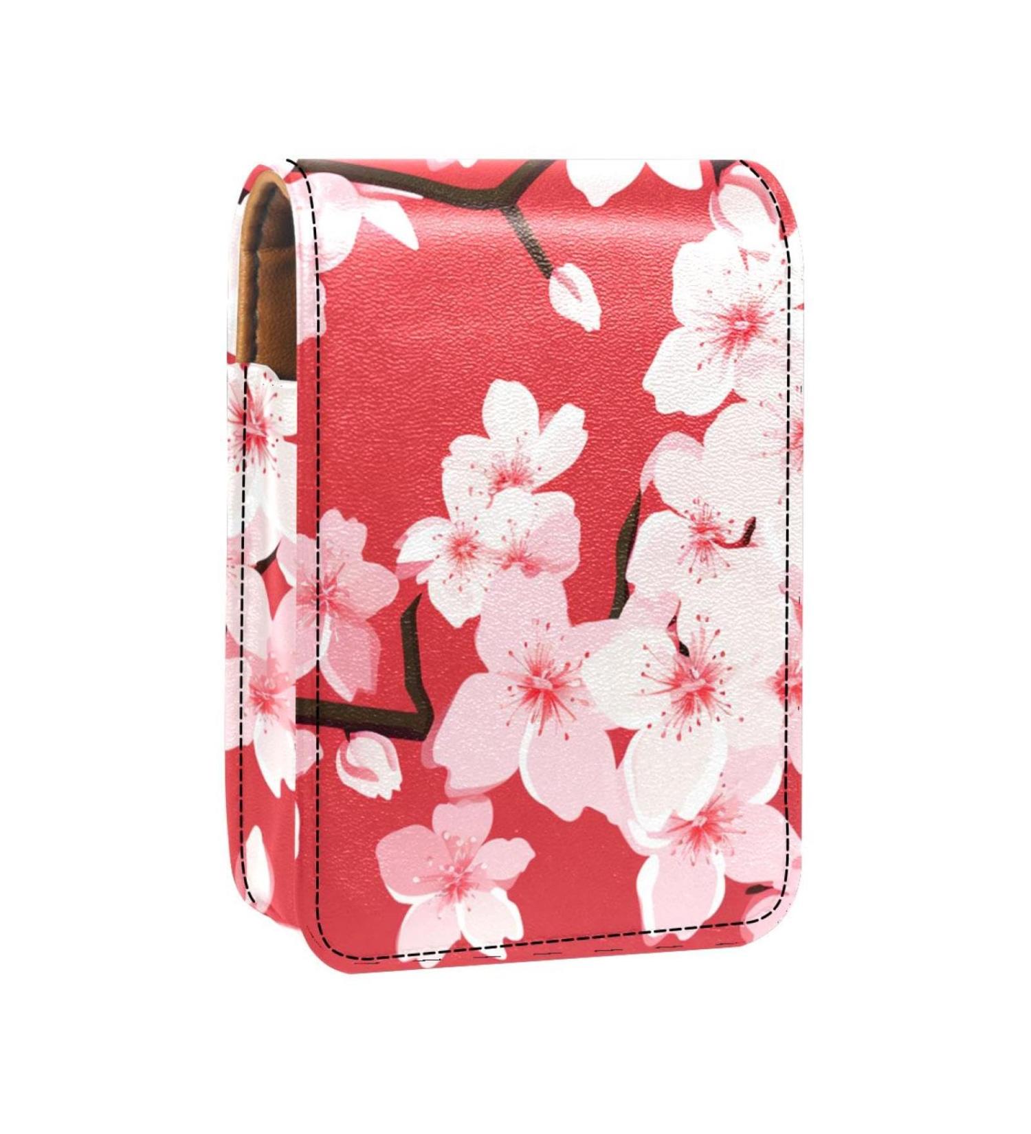 Stylish Cherry Blossoms Leather Lipstick Case - Mini Organizer with Mirror for Lip Gloss & Lipstick - Buy Online on GoSupps.com