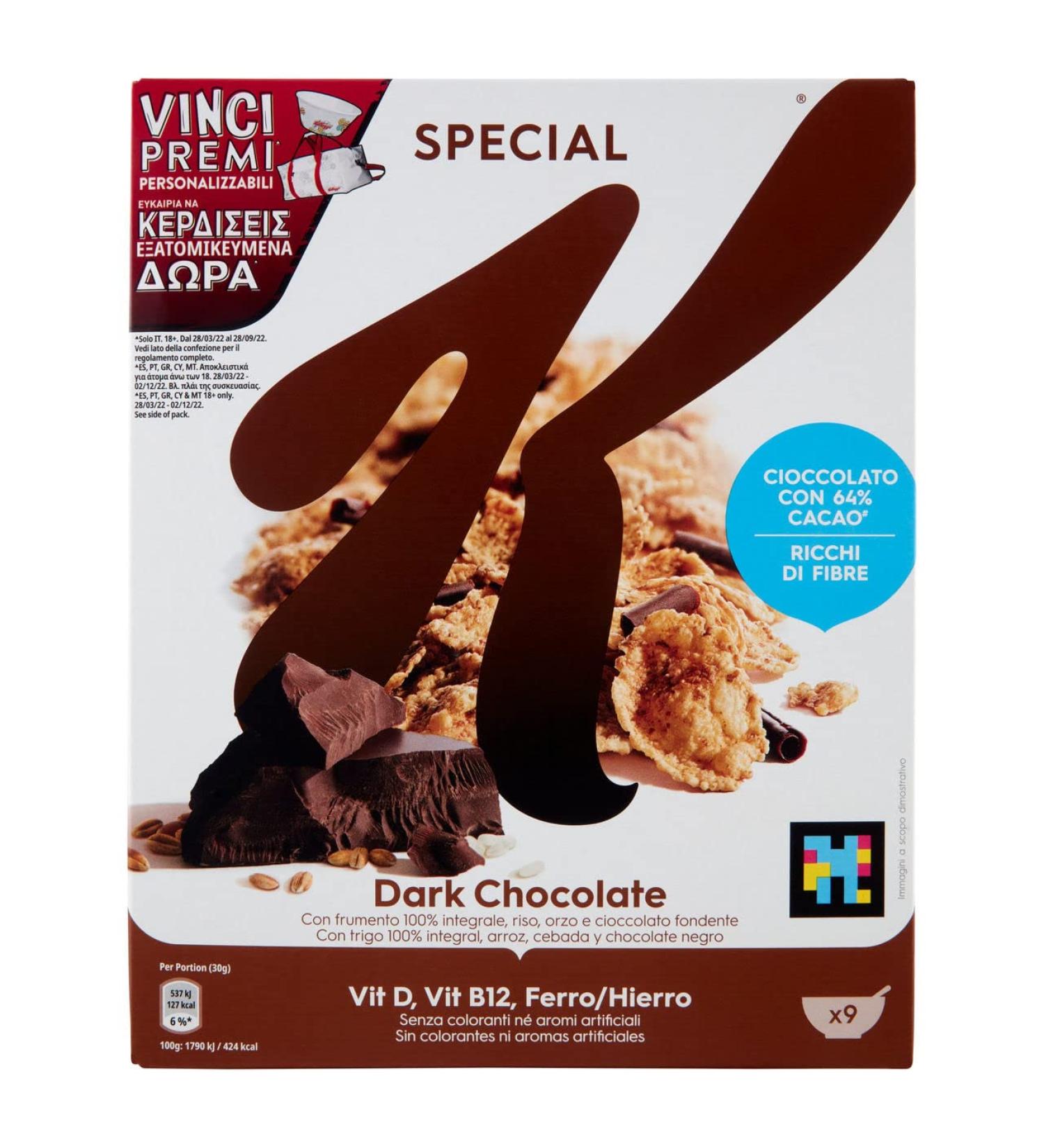 Kellogg's 3x Kelloggs Special K Dark Chocolate Fiocchi di Riso Cereals dark chocolate rice flakes whole wheat and barley with vitamins and minerals with chocolate curls 290 g cereal flakes - Buy Online on GoSupps.com