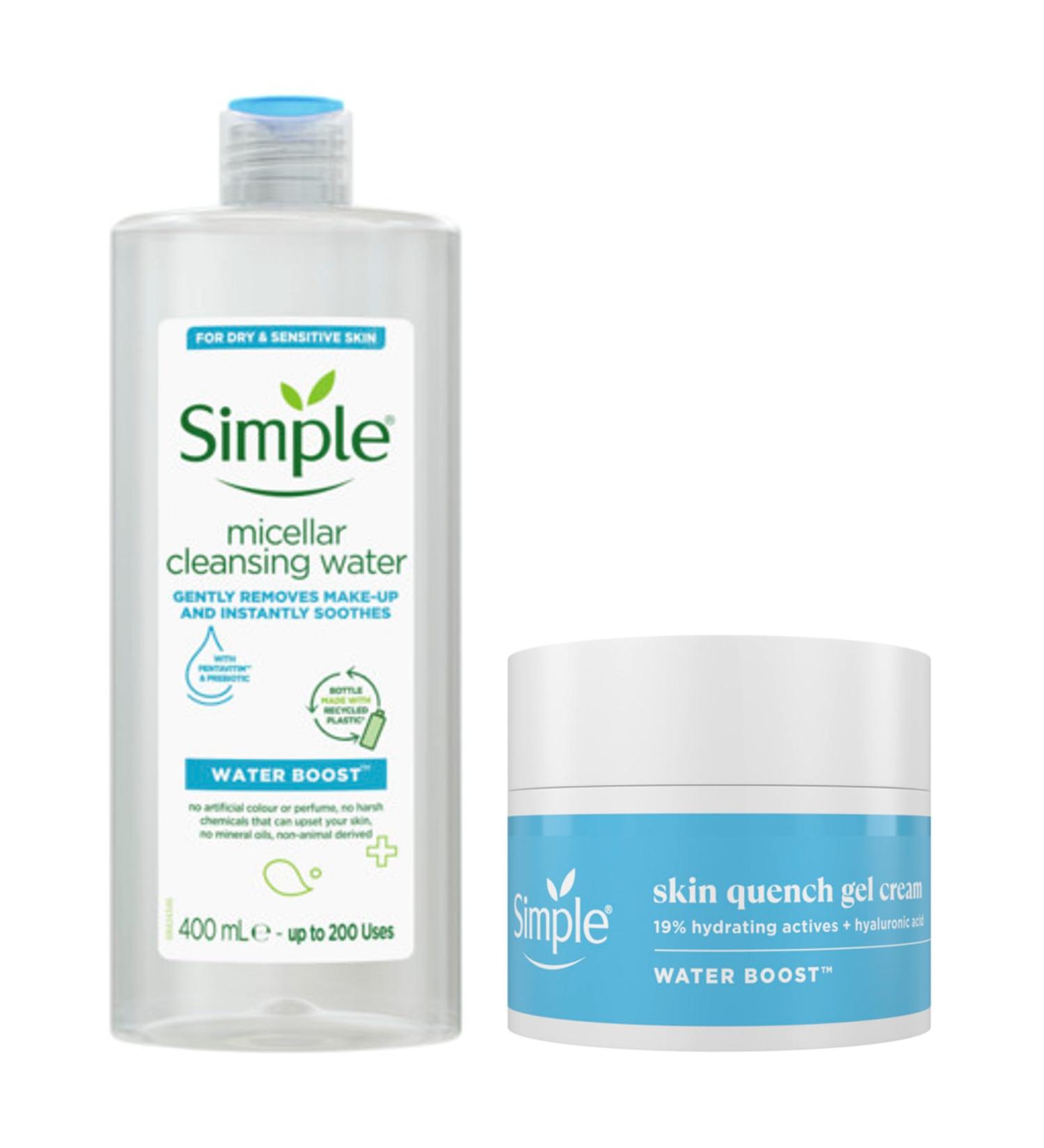 Simple Water Boost Hydrating Micellar Water Soothing Makeup Remover For Dry and Sensitive Skin 400 ml & Simple Water Boost Skin Quench Gel Face Cream 50 ml - Buy Online on GoSupps.com