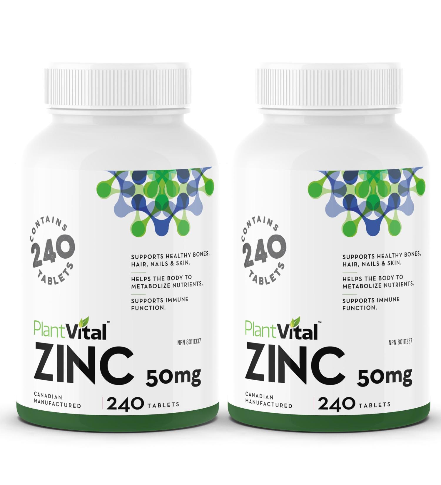 PlantVital Zinc Supplements 50mg (240 Count) - Immune Support Healthy Bones Hair Nail and Skin with Zinc Gluconate 50mg - Made in Canada - Additive-Free - 480 Zinc Tablets 240 count (Pack of 2) - Buy Online on GoSupps.com