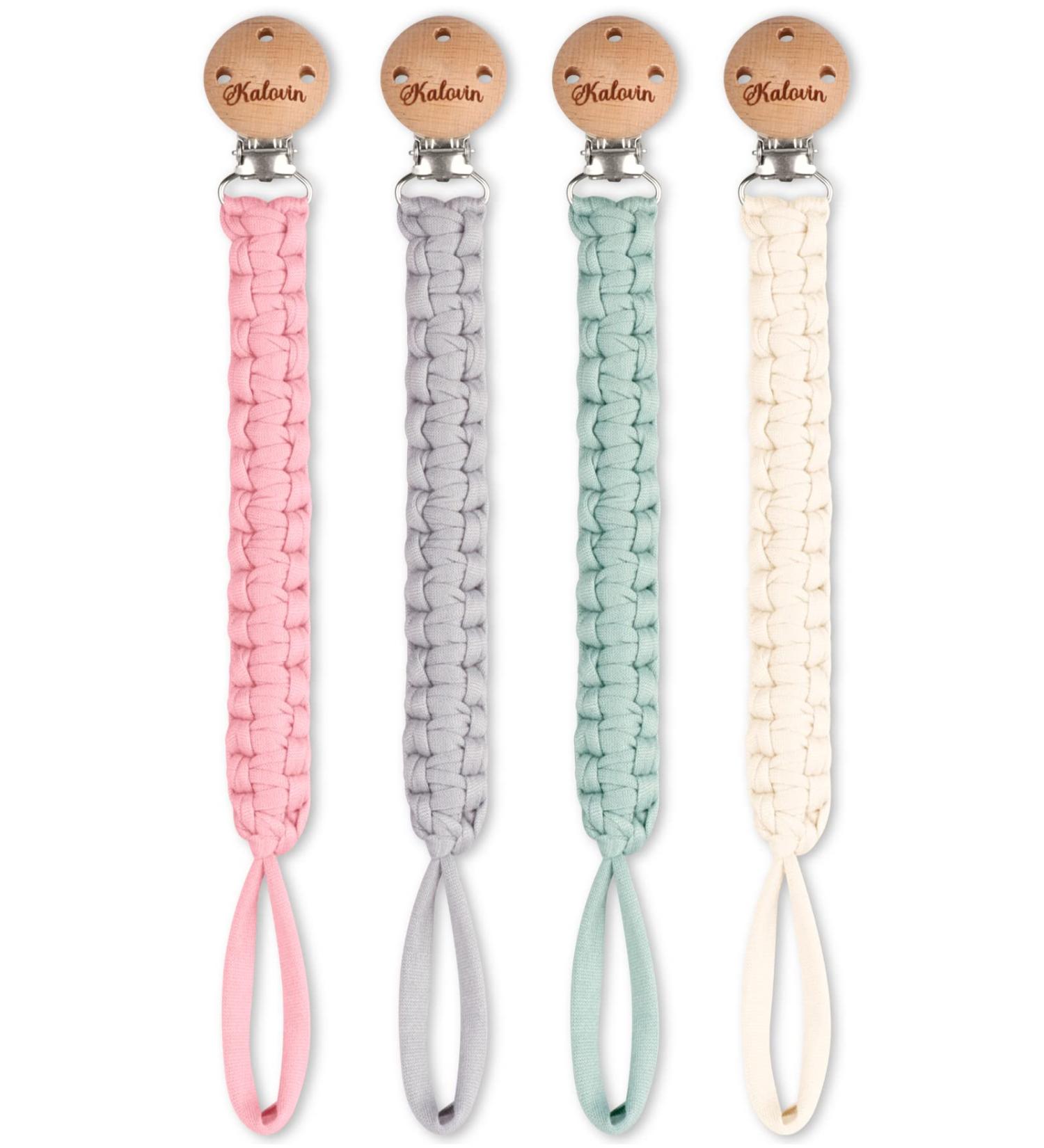 Pacifier Clip 11 Inch Handmade Braided Cotton Holder with Wooden Clips - 4 Pack for Boys and Girls - Fits All Pacifiers & Teething Toys - Baby Shower Gift - Buy Online on GoSupps.com