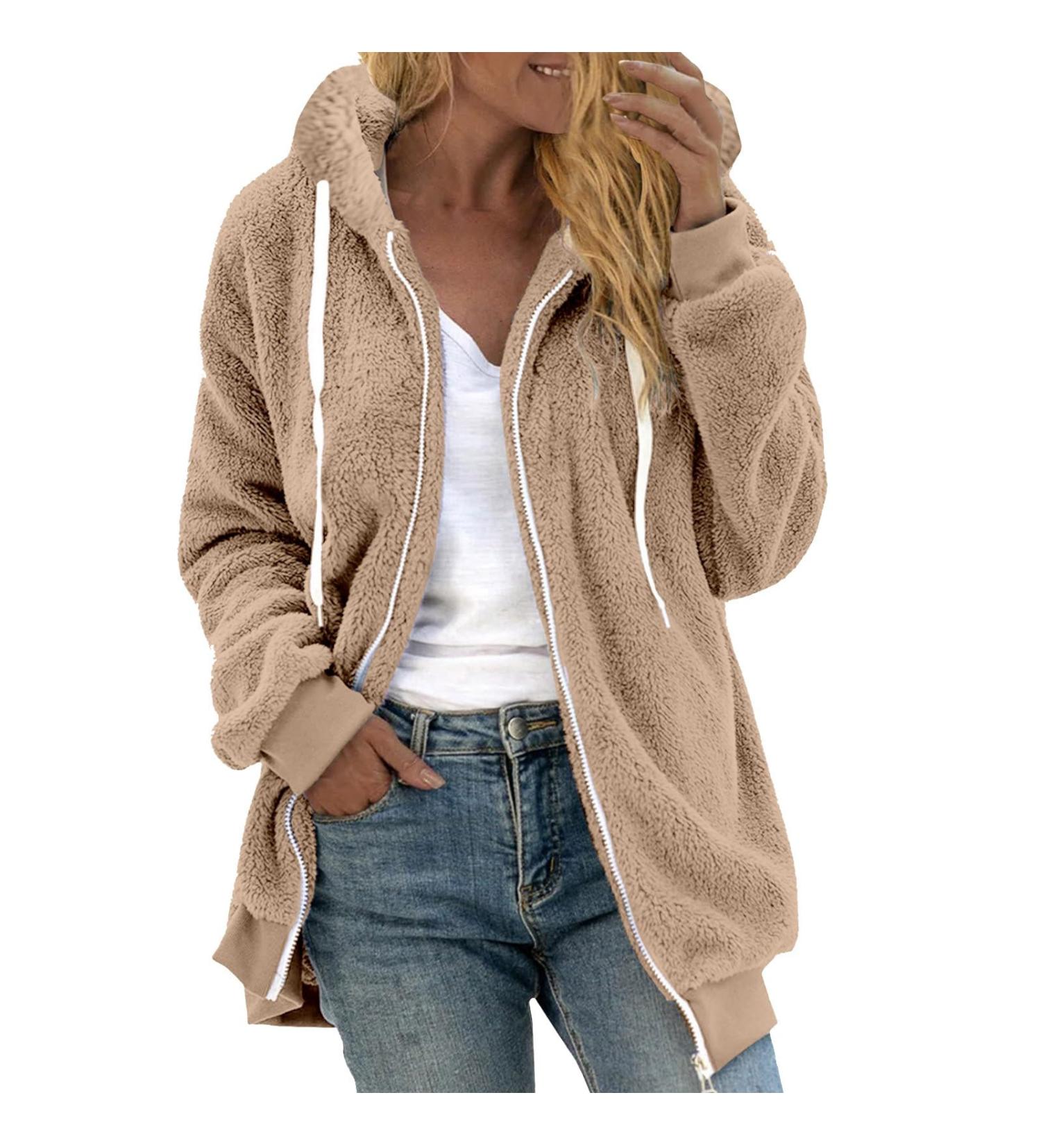 Hanxiulin Women's Fleece Jacket - Plush Windproof Coat | Elegant Winter Outerwear in Khaki - Cuddly Thick & Slim Fit - Buy Online on GoSupps.com