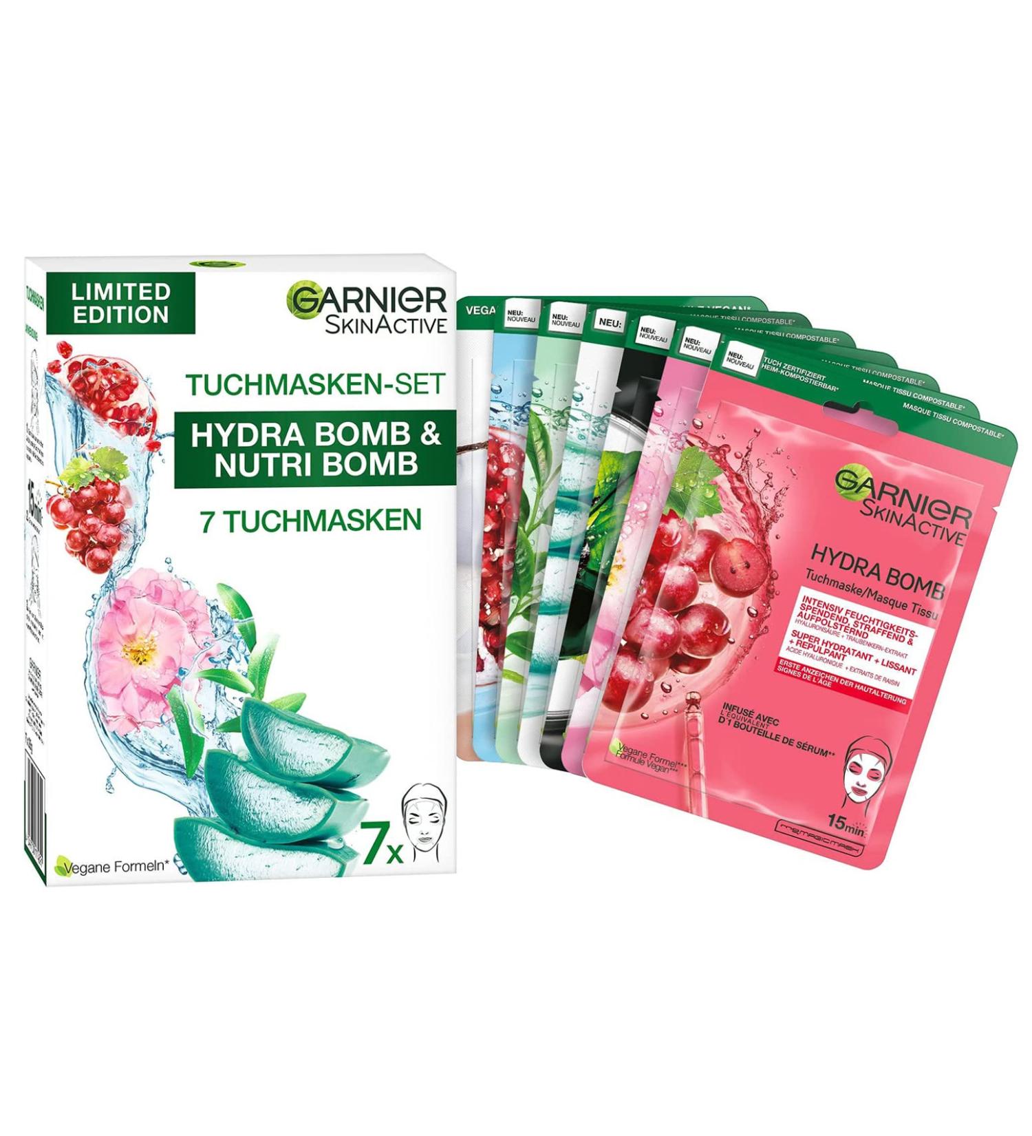Garnier Cloth Masks Set - 7 Hydrating Facial Masks for All Skin Types | Vegan Limited Edition Hydrabomb & Nutribomb | 7x28g - Buy Online on GoSupps.com
