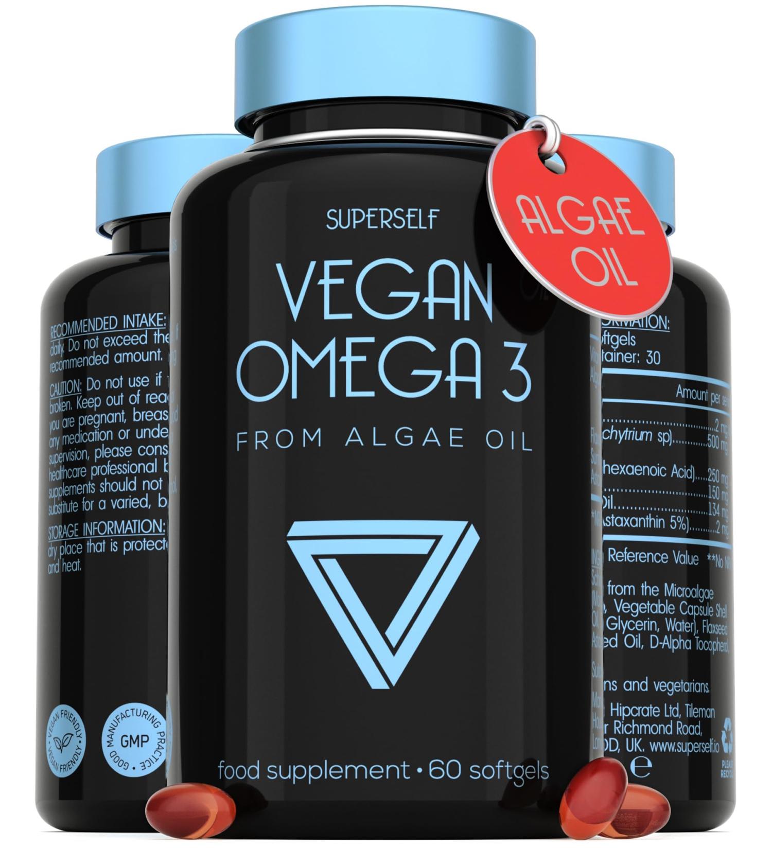 Vegan Omega 3 Capsules - High Strength DHA from Algae Oil with Flaxseed Oil Astaxanthin Vitamin E - Algae Omega 3 Vegan - 60 Easy Swallow Softgel Tablets - Sustainable Vegetarian DHA Supplements - Buy Online on GoSupps.com