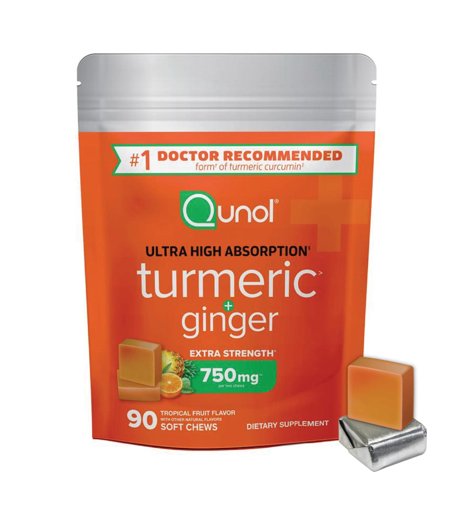 Qunol Turmeric and Ginger Soft Chews 750mg Turmeric Supplement Ultra High Absorption to Support Joint Health 90 Count Turmeric 90 Count (Pack of 1) - Buy Online on GoSupps.com