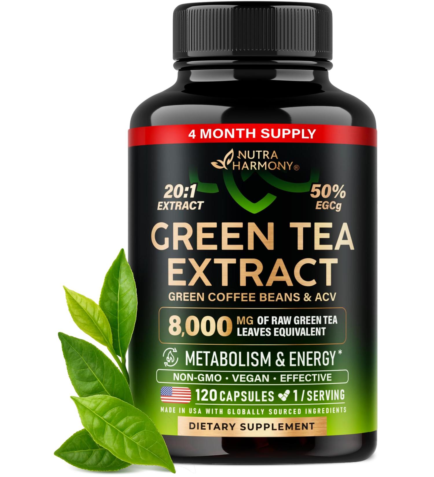 Green Tea Extract - 50% EGCG Extra Strength 20:1 Extract - Natural Green Tea Supplement + Green Coffee Beans & Apple Cider Vinegar - Energy & Metabolism Support - for Men & Women - Vegan 120 Capsules - Buy Online on GoSupps.com