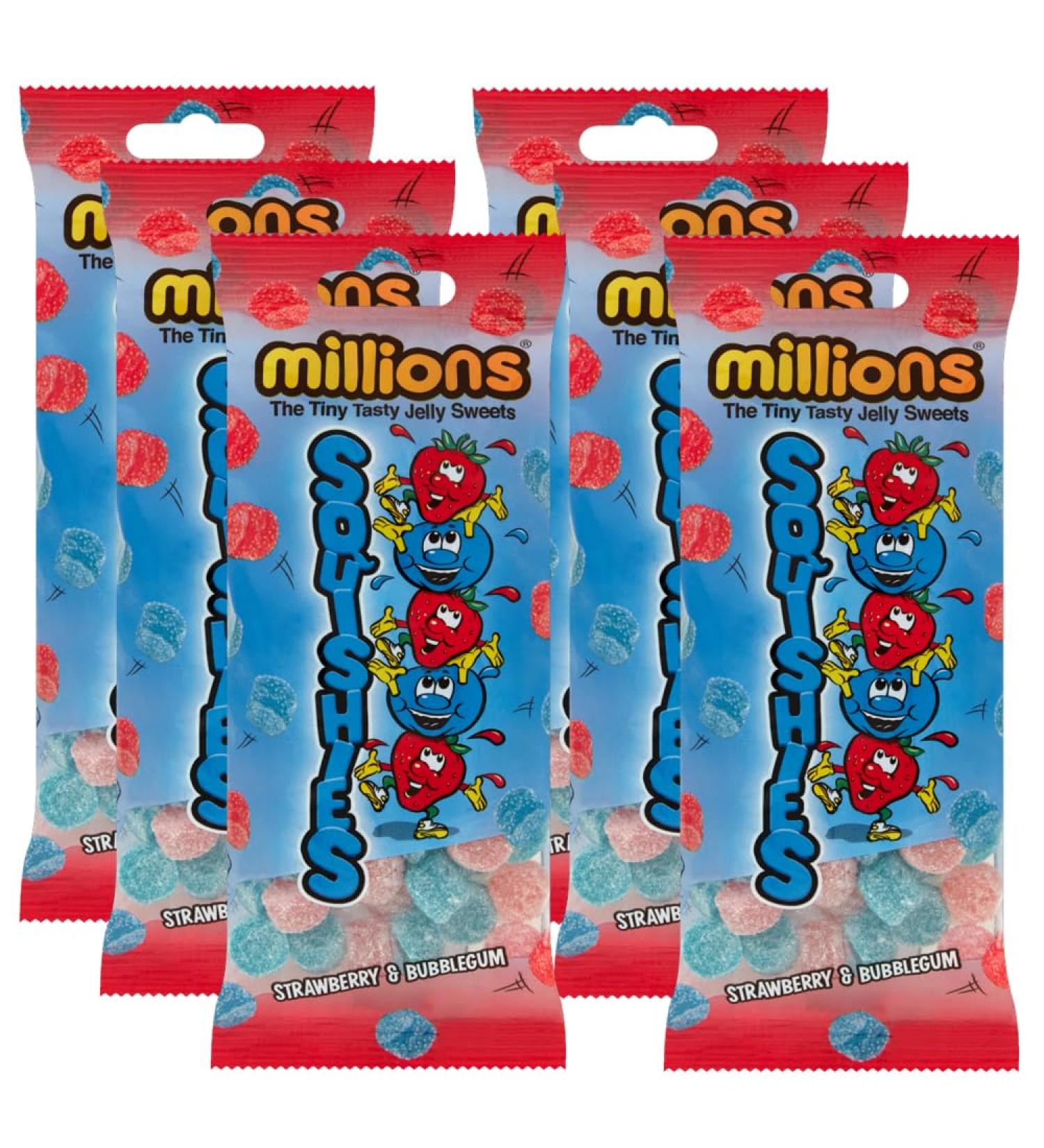"Millions Squishies - Strawberry & Bubblegum Flavored Jelly Sweets Fun & Tasty Snack for Kids & Adults 150g Bag (6) - Buy Online on GoSupps.com
