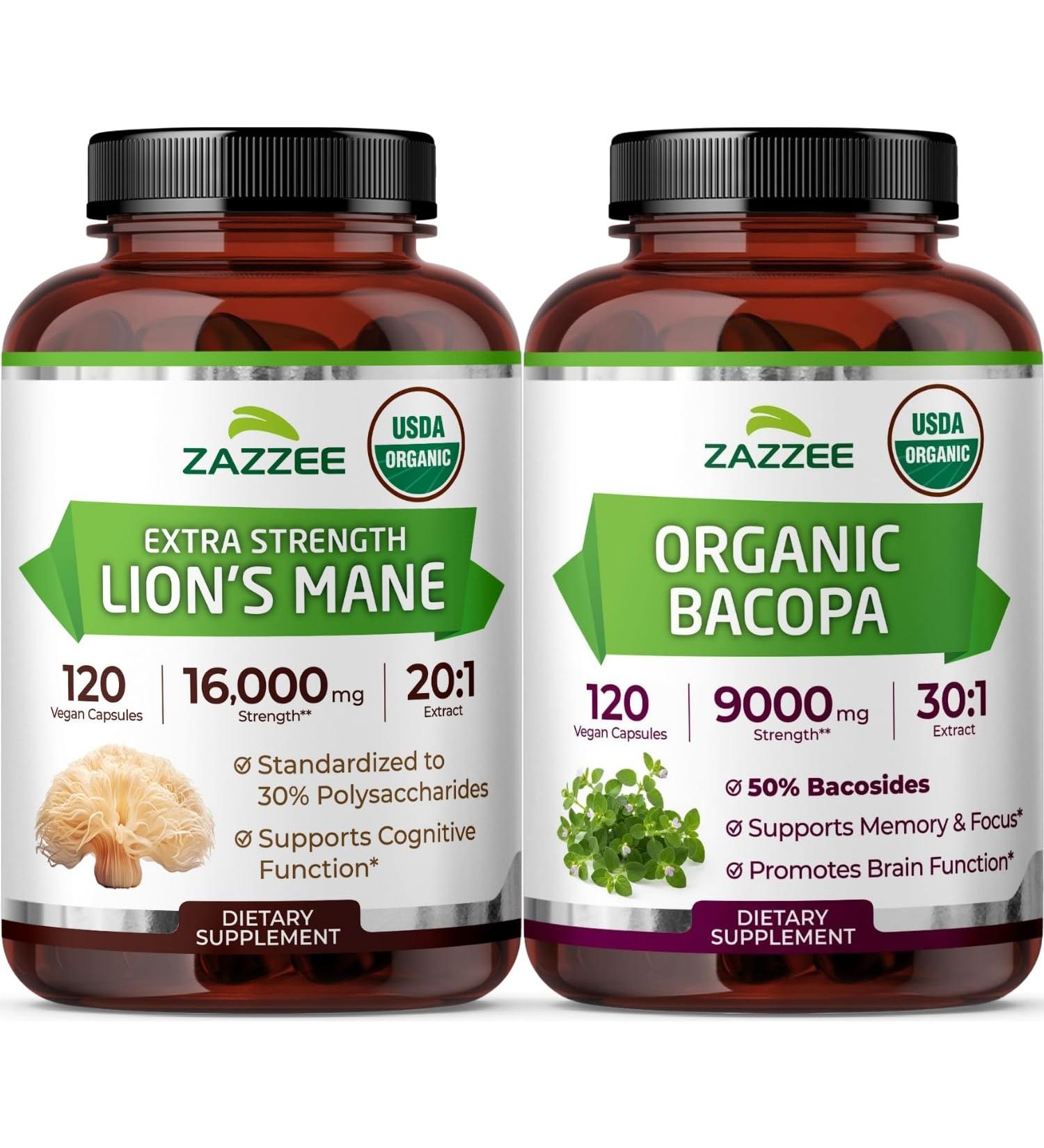 Zazzee USDA Organic Cognitive Support Bundle | 30:1 Bacopa Monnieri Extract Plus Lions Mane Extract Capsules | Non-GMO Vegan & ISO Lab Tested (120 Servings Each) - Buy Online on GoSupps.com