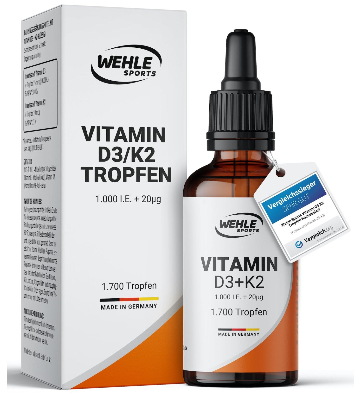 Vitamin D3 K2 Drops 1000 IE - High Dose 50ml | Laboratory Tested High Bioavailability | Wehle Sports  - Buy Online on GoSupps.com