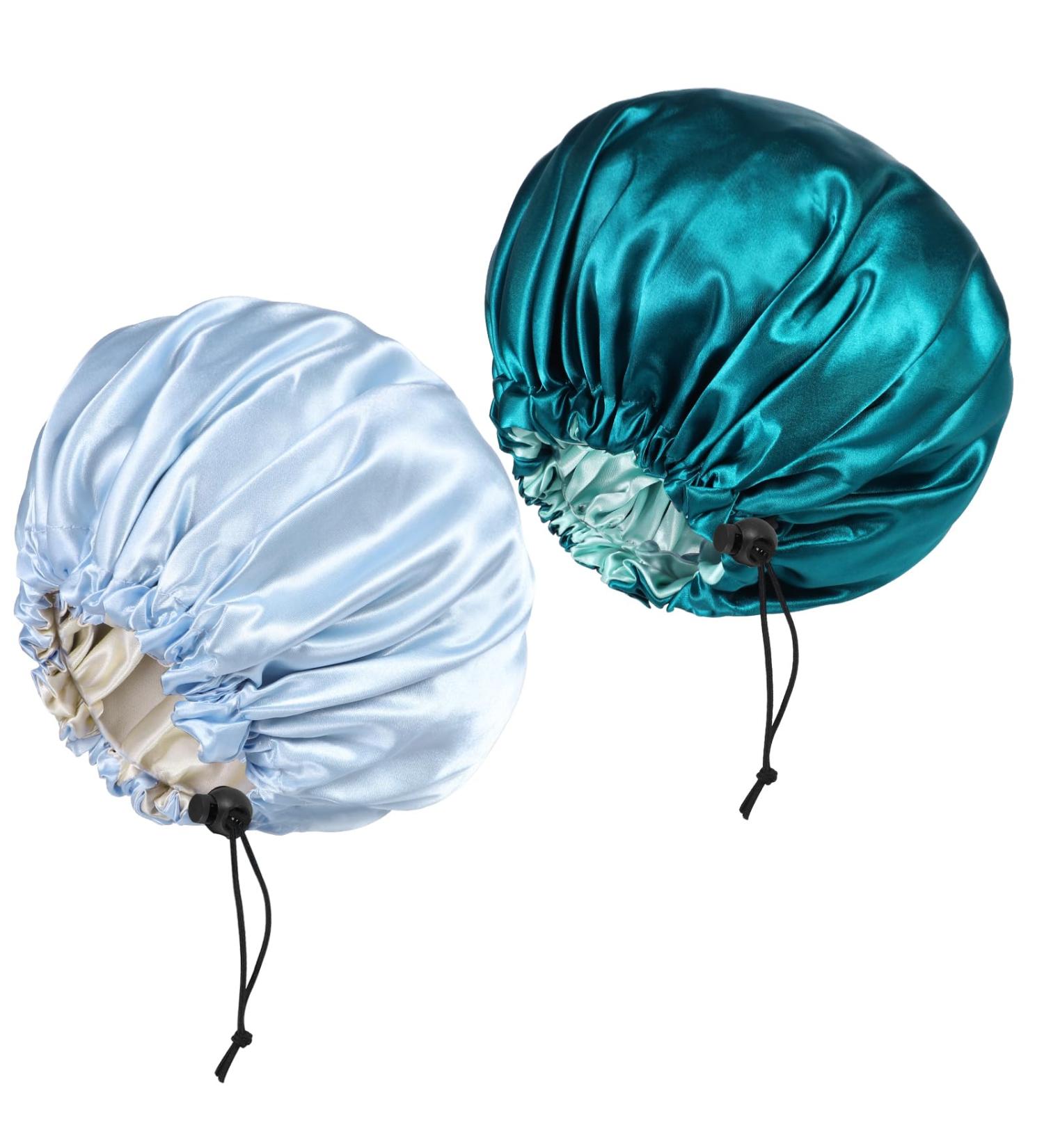 Adjustable Silk Bonnet Set | Double Sided Satin Sleep Caps | Light Blue & Hole Blue | 2 Pieces | All Hair Lengths - Buy Online on GoSupps.com