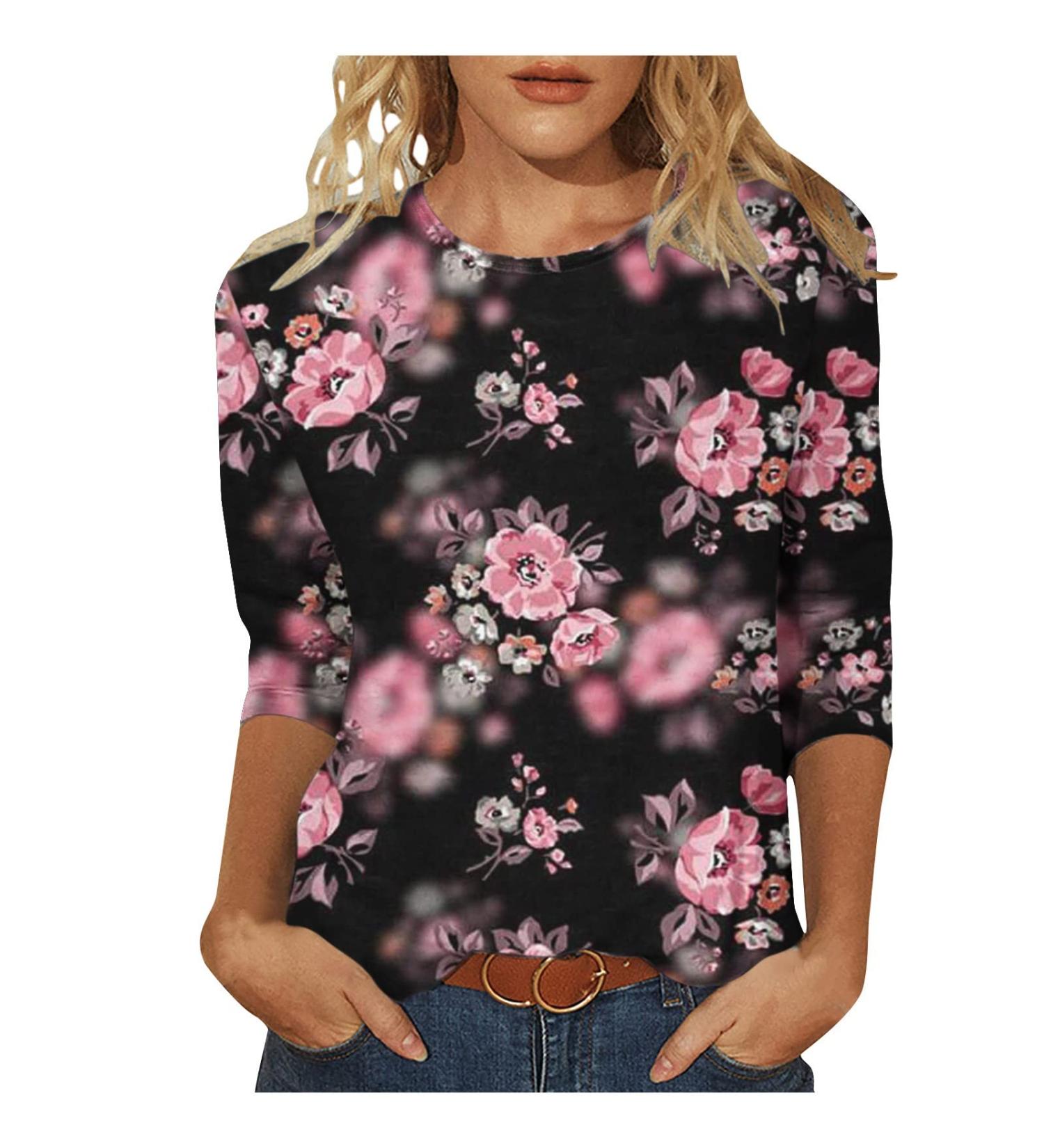 oelaio Cute Floral Printed Long Sleeve Tshirts Shirts for Women Clearance 3/4 Length Sleeve Casual Pullovers Blouses Loose Black Large - Buy Online on GoSupps.com