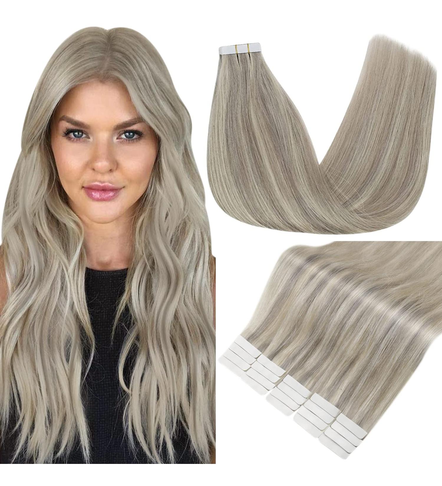 FSHINE Tape-in Hair Extensions | Real Blond 45cm 50g | Gray Blonde & Platinum Highlight | Remy Straight Extensions | 20 Pieces #19AP60 - Buy Online on GoSupps.com