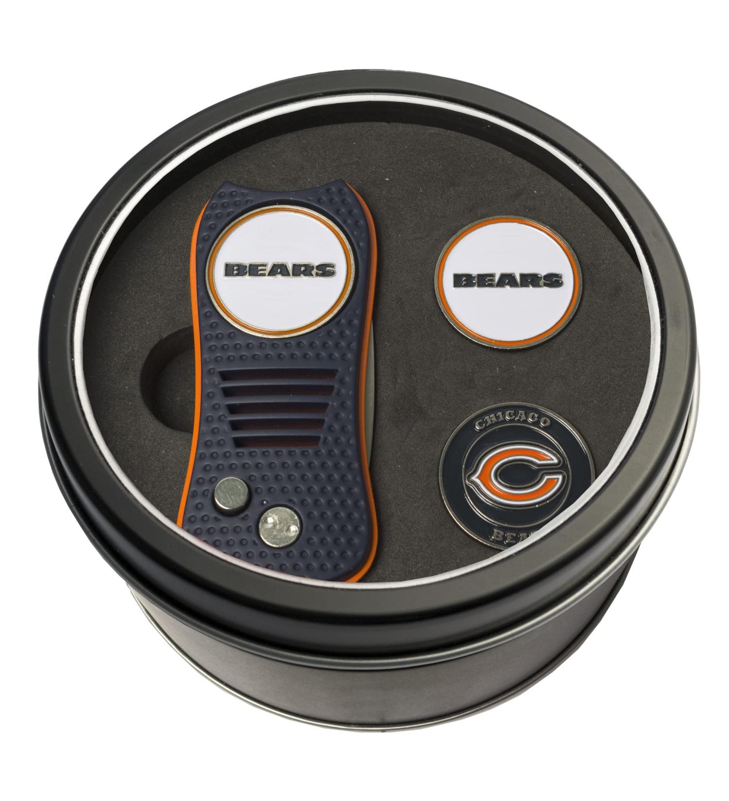 Team Golf NFL Chicago Bears Gift Set Switchblade Divot Tool with 3 Double-Sided Magnetic Ball Markers, Patented Single Prong Design, Causes Less Damage to Greens, Switchblade Mechanism