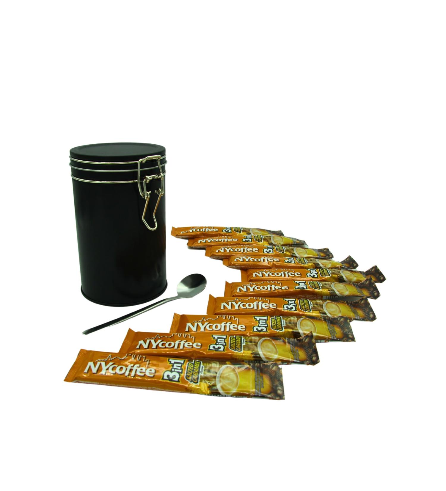 NY 3-in-1 Coffee Sachets Individually Wrapped with Sugar 10 x 14g Bundle with Black Refillable Cannister and Latte Spoon Set for Home Desk or Travel - Buy Online on GoSupps.com