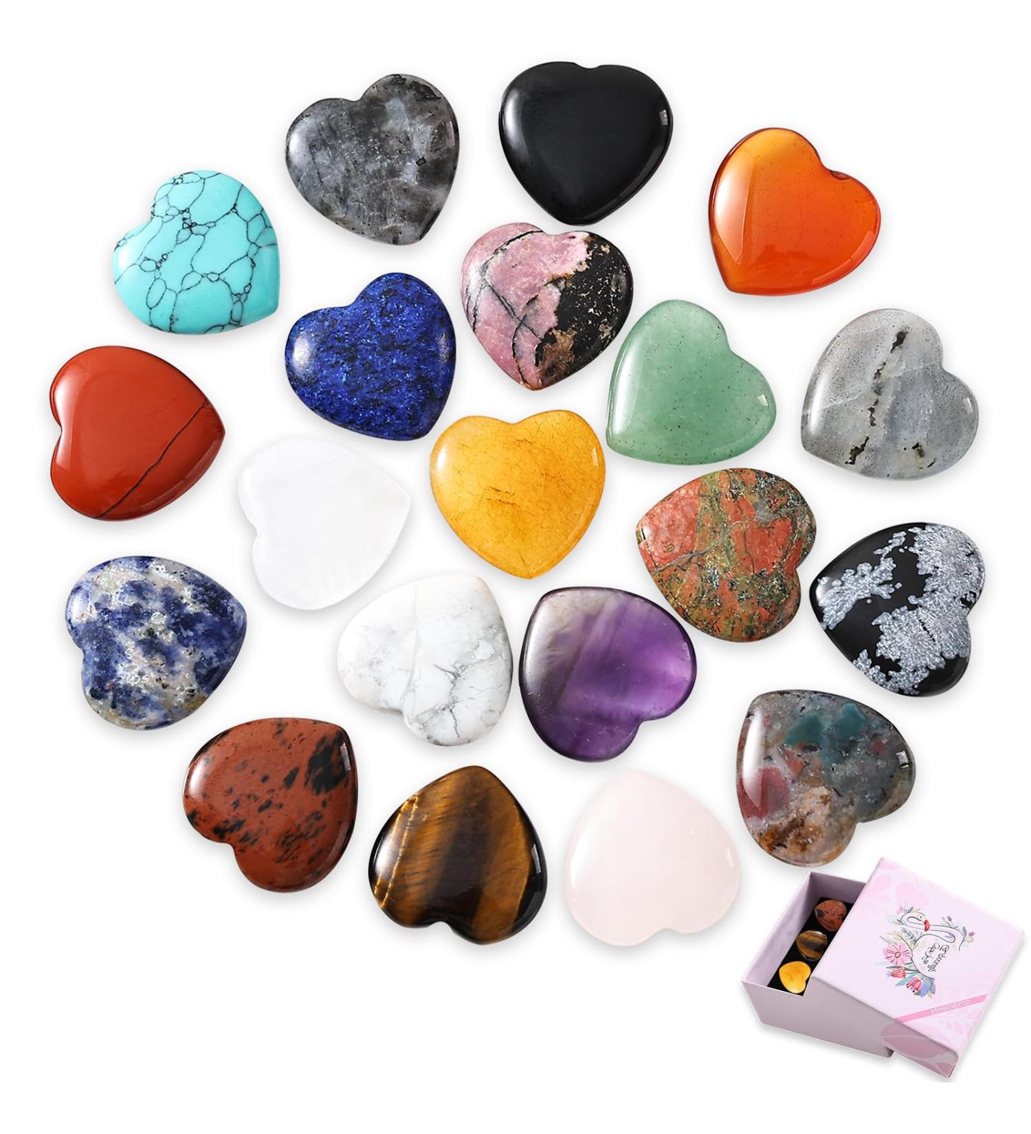 20 Piece Gemstone Heart Set | Crystals for Meditation Chakra Healing & Reiki - Amethyst Rose Quartz Moonstone | Gift Box & Velvet Bag Included - Buy Online on GoSupps.com