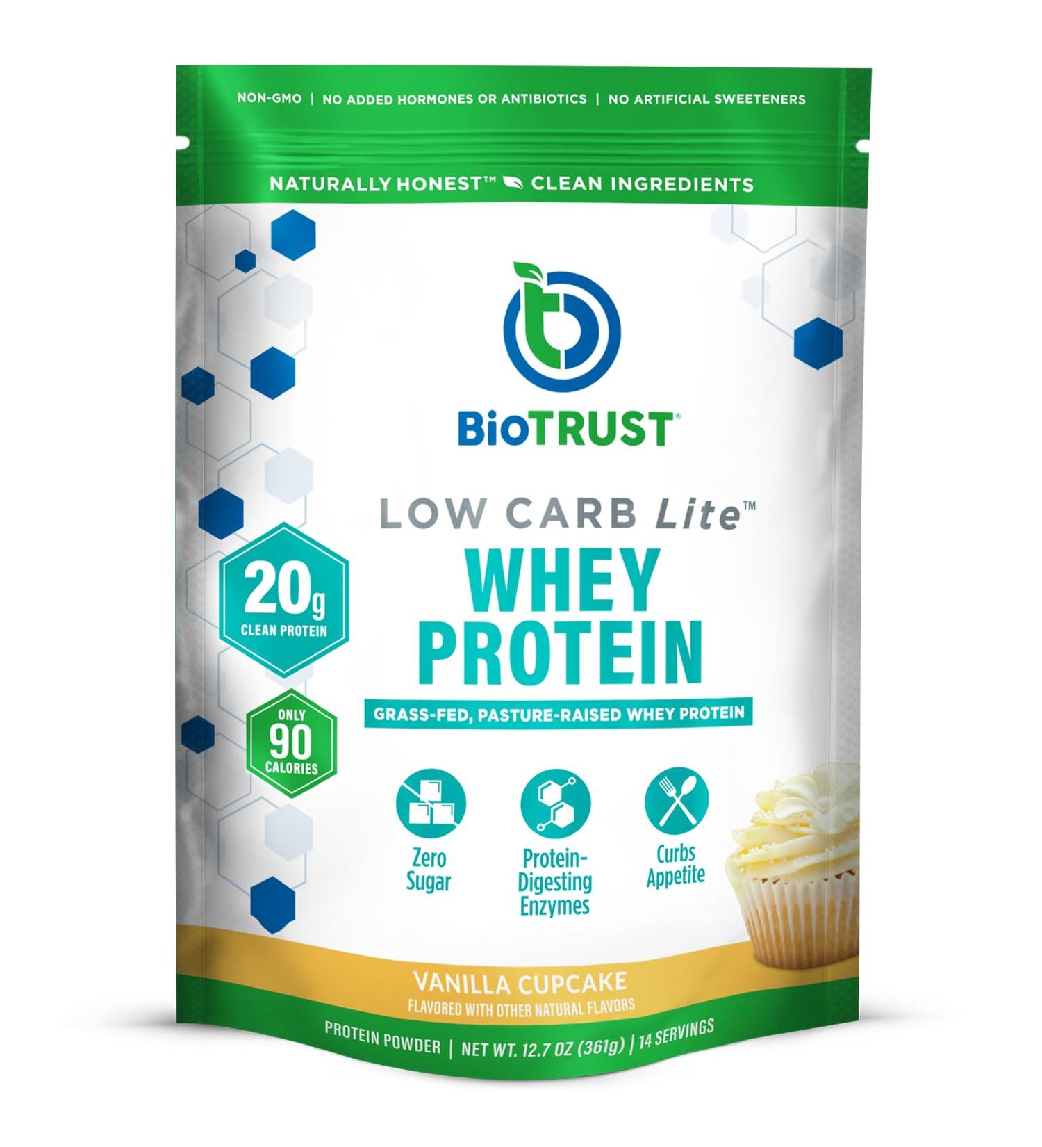 BioTrust Low Carb Lite 20 Grams of Grass-Fed Whey Protein Isolate 100 Calories ProHydrolase Digestive Enzymes Non-GMO Free from Soy and Gluten rBGH-Free (14 Servings) (Vanilla Cupcake) Vanilla 14 Servings (Pack of 1) - Buy Online on GoSupps.com