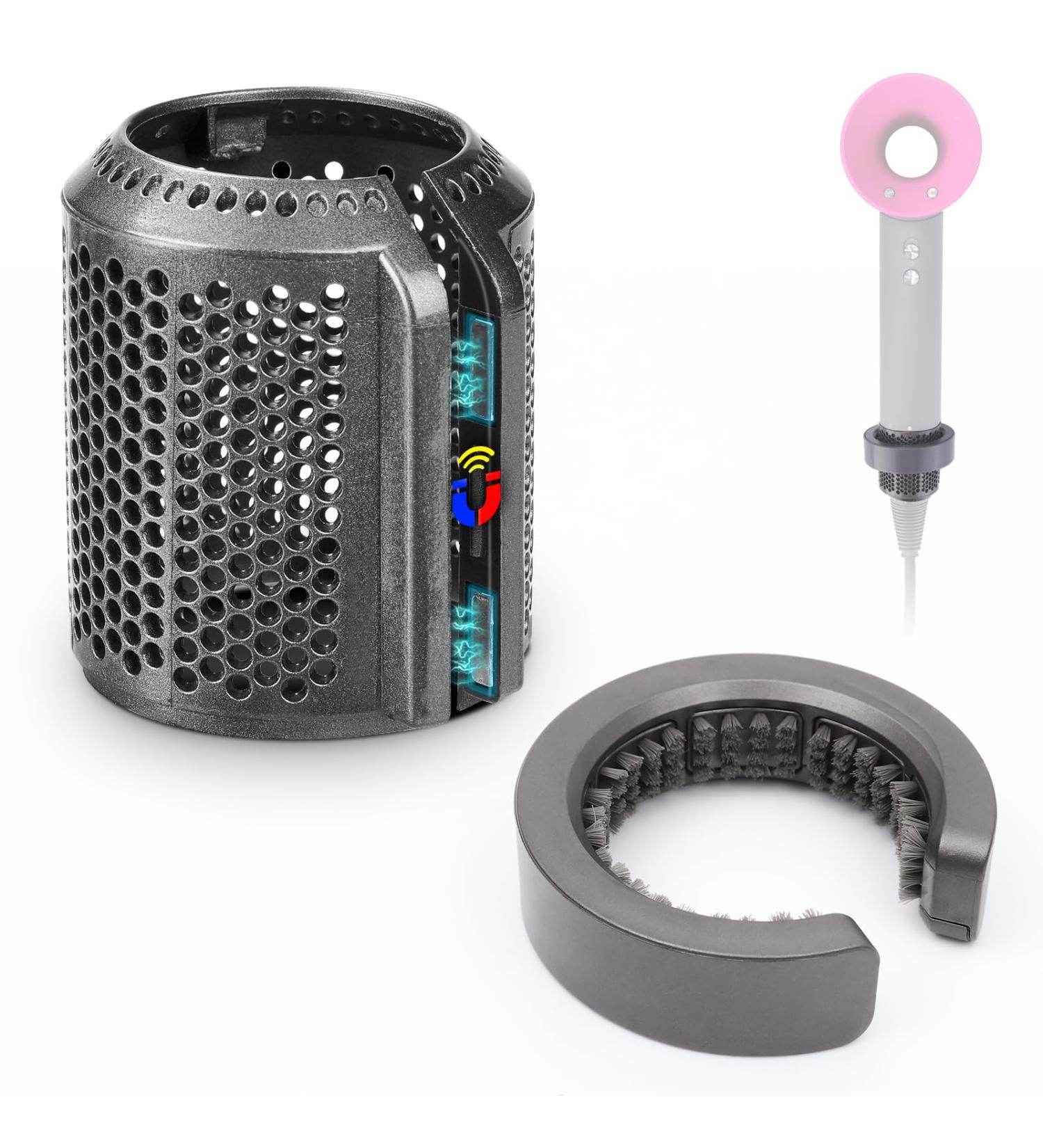 Upgraded Magnetic Hairdryer Filter Cover Compatible with Dyson Supersonic HD01 HD03 HD08 HD15 Models Hair Dryer Filter Cage wih Cleaning Brush Spare Parts (Metallic Gray)