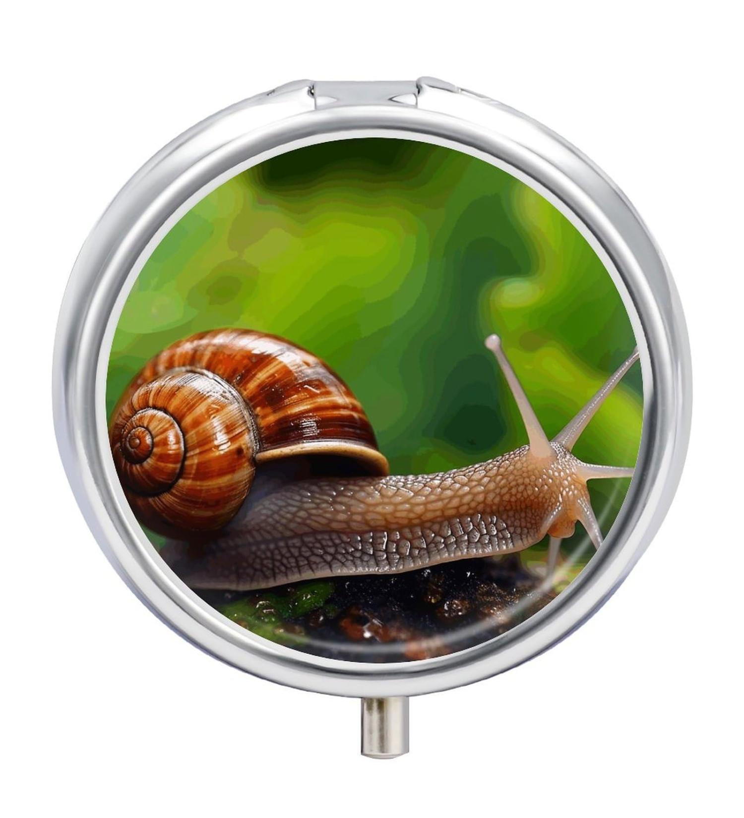 Wildlife Animal Snail Print Round Pill Box - 3 Compartment Decorative Portable Pill Organizer - Metal Pocket Medicine Storage - Buy Online on GoSupps.com