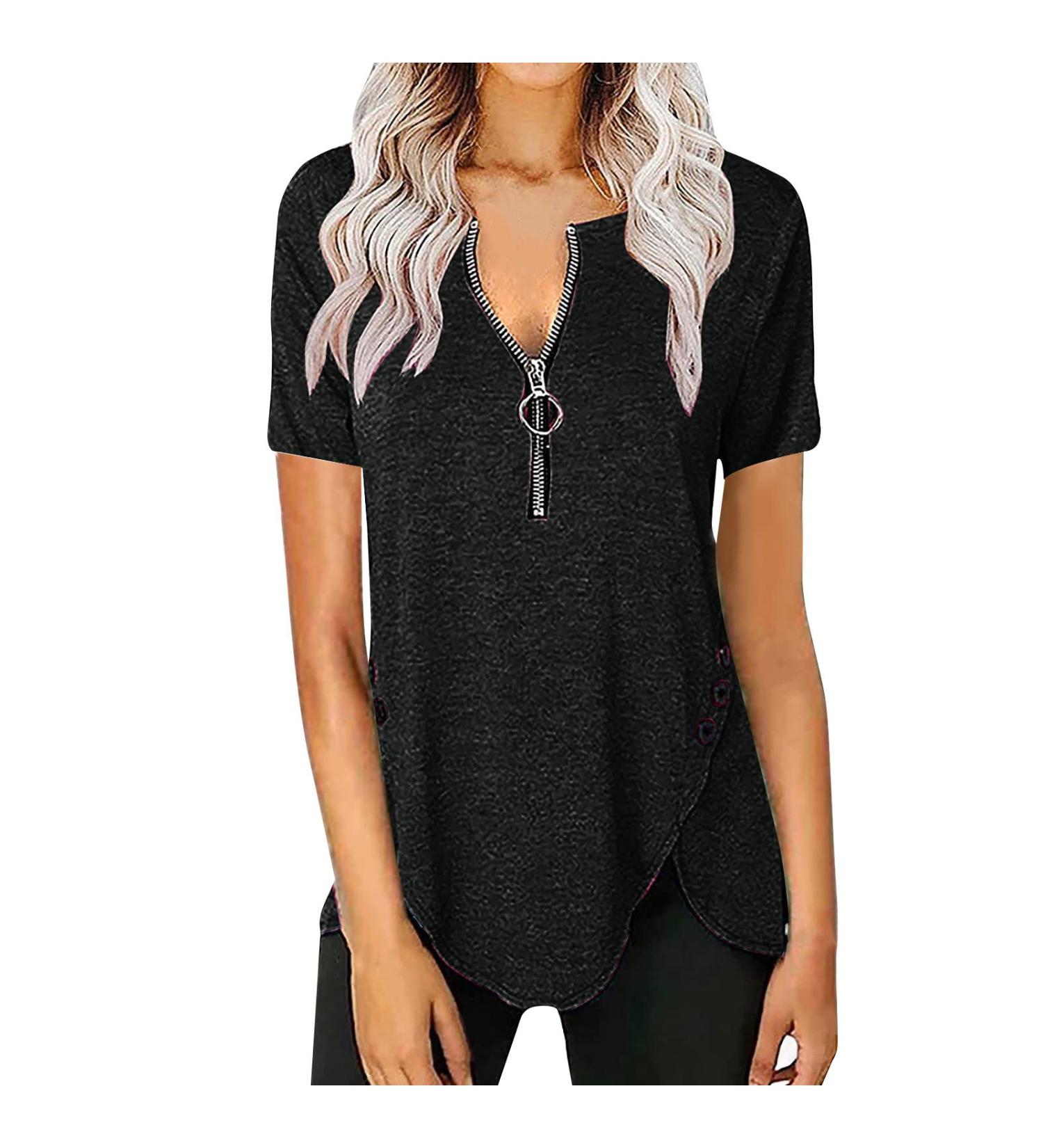 Ganfancp Women's Spring Tunic Top - Breathable Crewneck Short Sleeve Blouse in Solid Black - Size Large - Buy Online on GoSupps.com