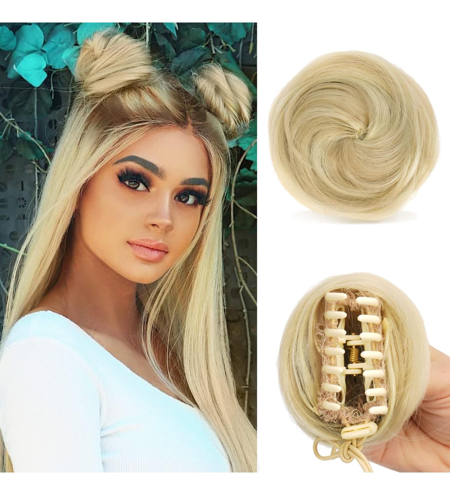 Sofeiyan 2PCS Mini Claw Clip Hair Bun Extension Updo Space Bun Synthetic Wig Accessory for Women - Light Ash Brown & Bleach Blonde - Buy Online on GoSupps.com