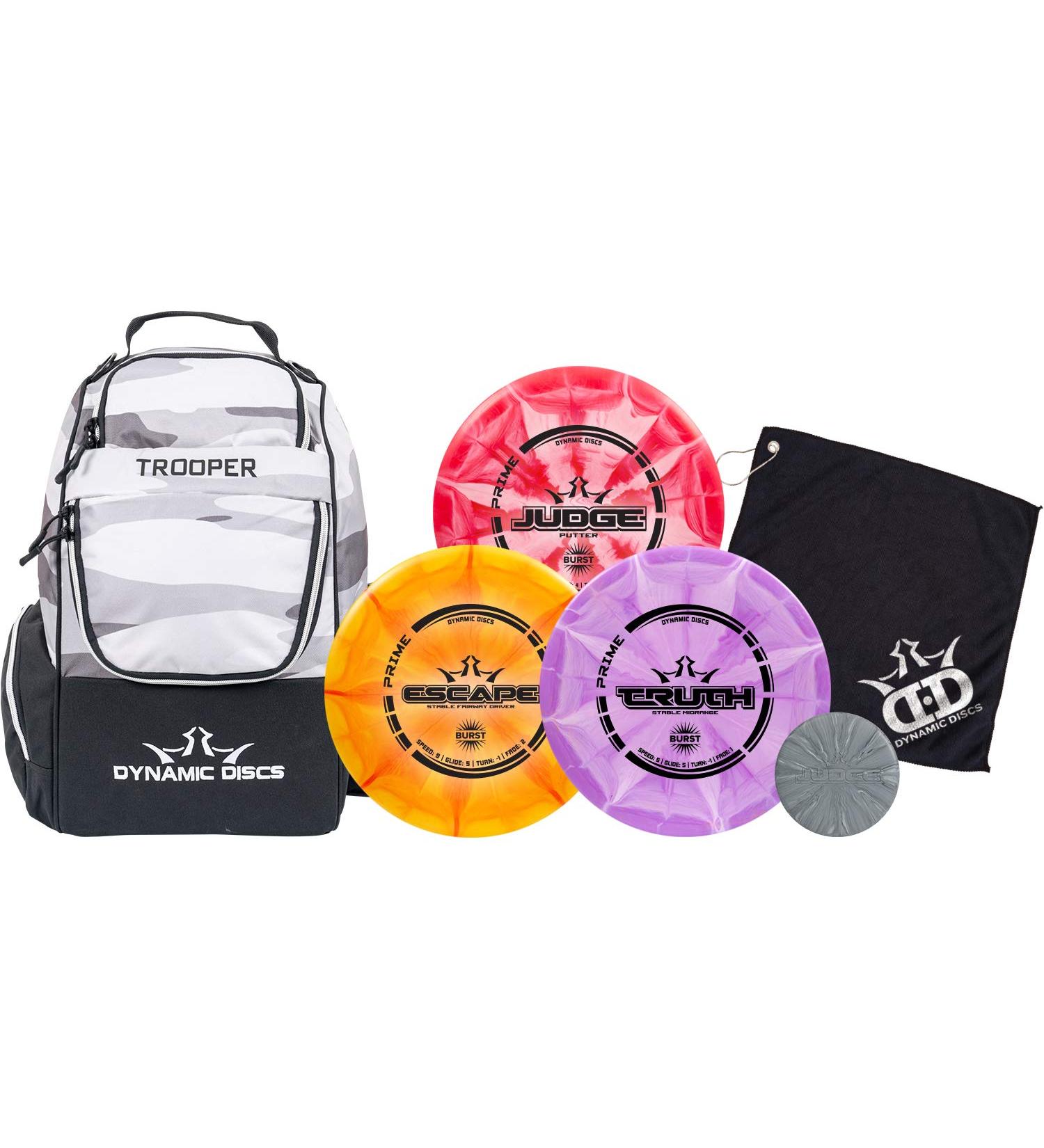 Dynamic Discs Trooper Backpack Prime Burst Disc Golf Starter Set with Bag | Judge, Truth, Escape Discs Included - Artic Camo - Buy Online on GoSupps.com