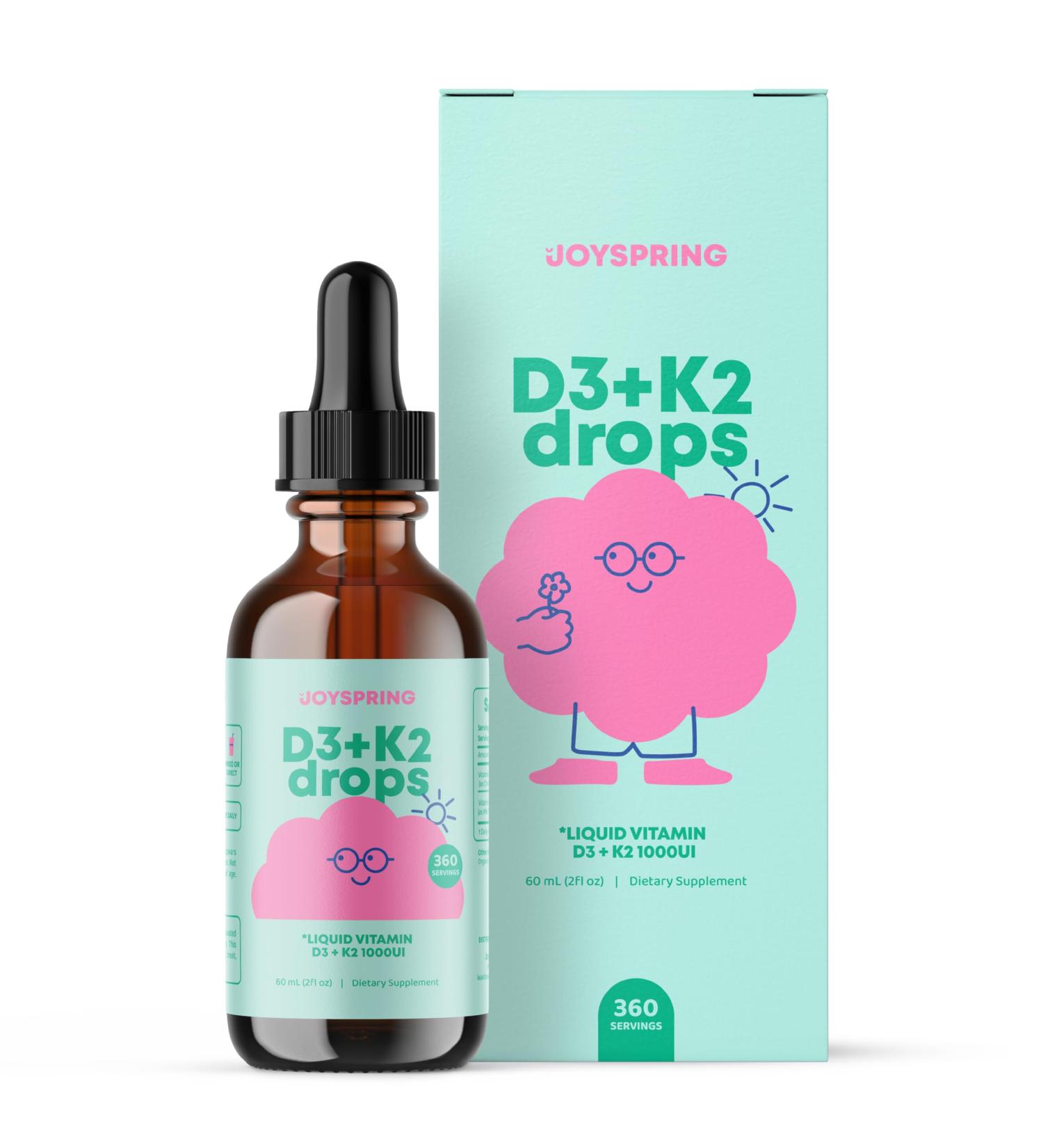 JoySpring Vitamin D3 Kids Drops with K2 Liquid Supplement for Calcium Absorption & Joint Health 360 Servings (2 fl oz) Vitamin D Kids Ages 3-18 Unflavored 2 Fl Oz (Pack of 1) - Buy Online on GoSupps.com