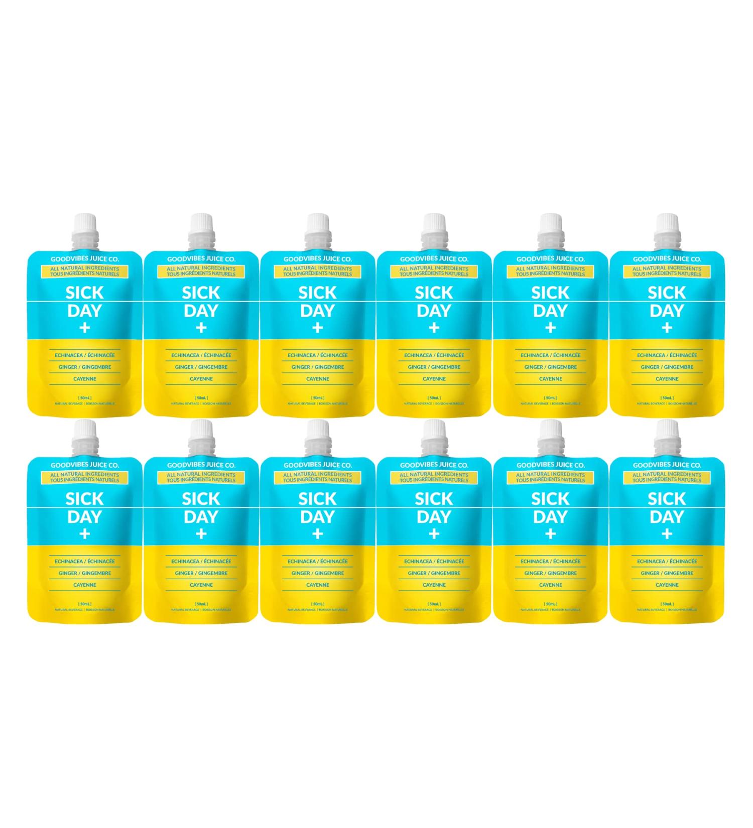 goodvibes juice co. Sick Day | Natural Wellness Shot | Echinacea Ginger Lemon Cayenne Maple | Immunity Anti-Inflammatory Decongestion & Antioxidants | Vegan Gluten Free | 50mL Pouch (Pack of 12) 50 ml (Pack of 12) - Buy Online on GoSupps.com