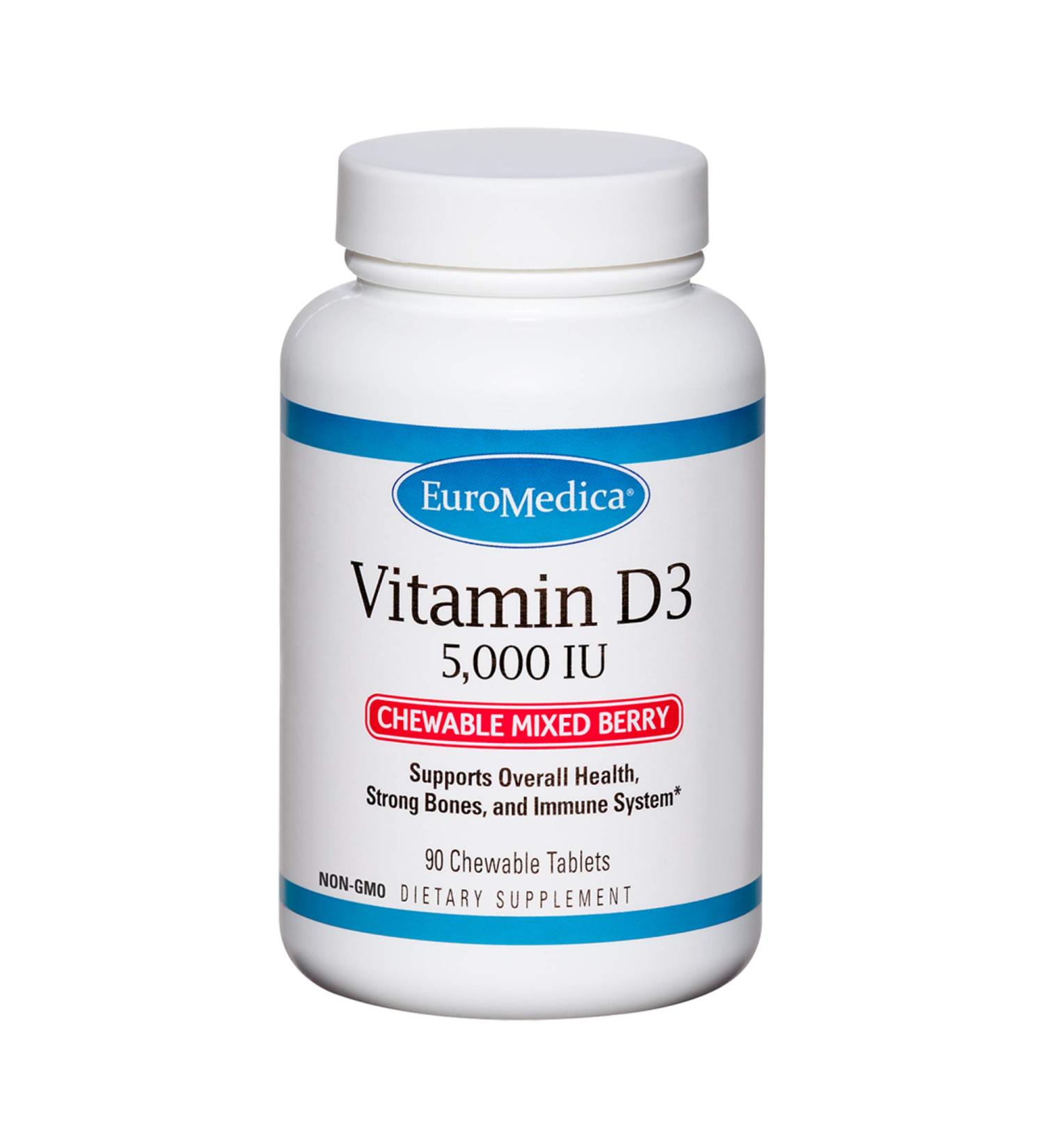Euromedica Vitamin D3 5000 IU Chewable Tablets - Mixed Berry Flavor - 90 Servings for Strong Bones, Immune Support & Overall Health - Buy Online on GoSupps.com