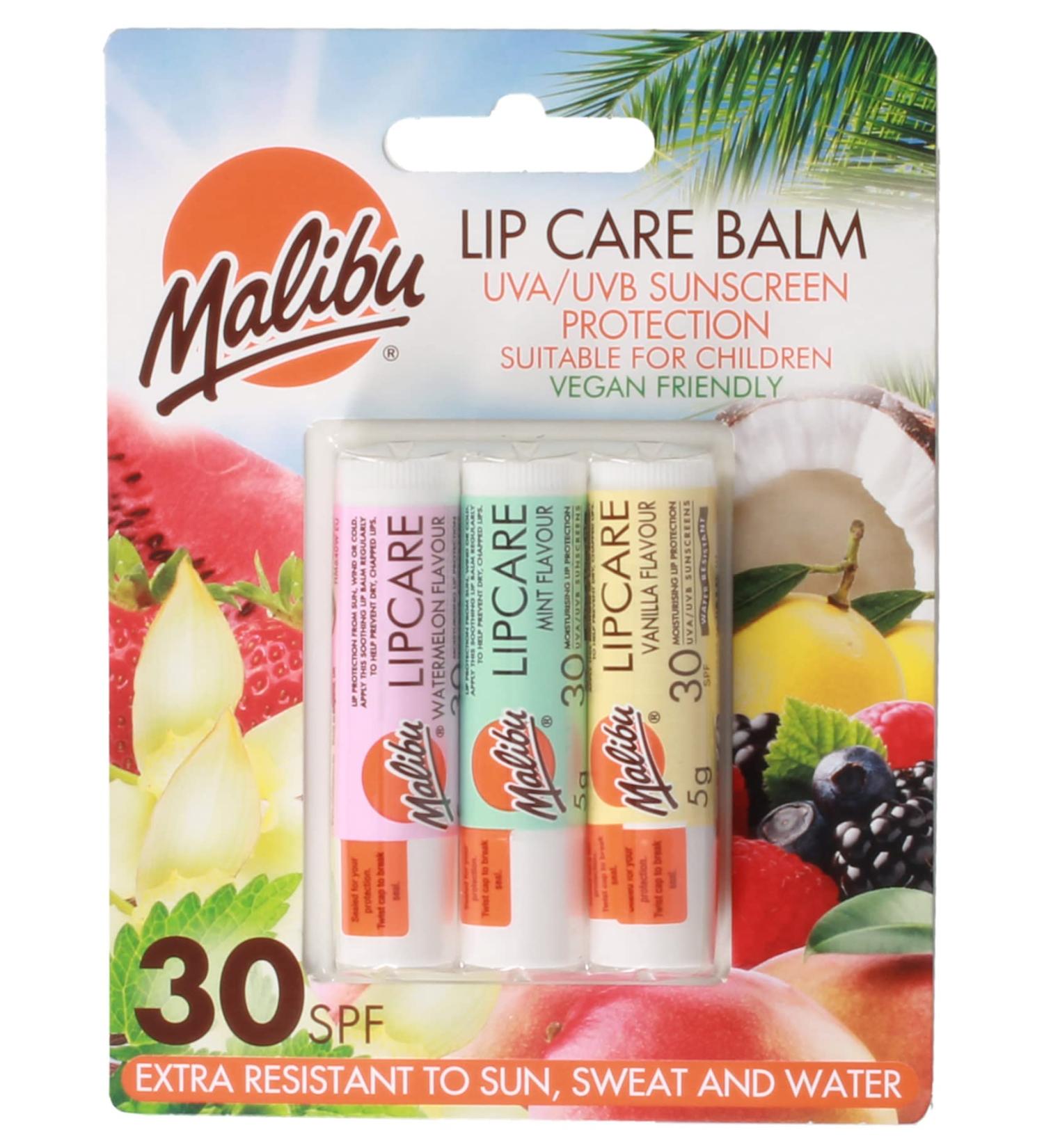 Malibu Sun SPF 30 Lip Balm Sunscreen 3-Pack - Watermelon Mint & Vanilla 5g - Buy Online on GoSupps.com