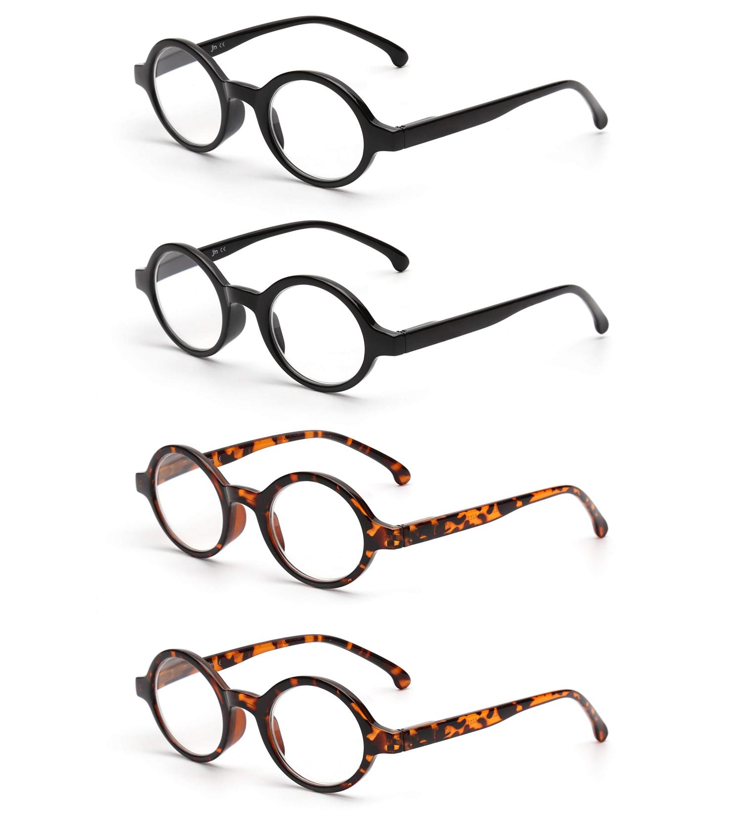 JM Set of 4 Round Reading Glasses - Spring Hinge Readers for Men & Women - 2 Pack Black & 2 Pack Tortoise - 2.5x Magnification - Buy Online on GoSupps.com