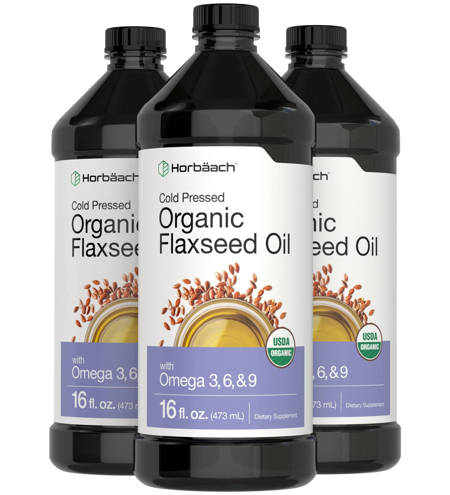 Organic Flaxseed Oil 3 Pack - Cold Pressed 16 fl oz - Omega 3 6 9 - Vegetarian Non-GMO Gluten Free Liquid by Horbaach - Buy Online on GoSupps.com