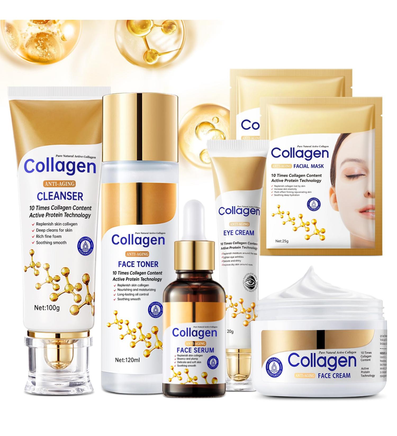 Collagen Skin Care Set, Anti Aging Skincare Set for Wrinkles & Fine Lines, Shrink Pores, Hydrate & Firm Skin, 7 Pcs Skincare Kits for Women with Cleanser, Toner, Serum, Cream, Eye Cream, 2 Pcs Masks. 7 Pieces (Standard Pack  - Buy Online on GoSupps.com
