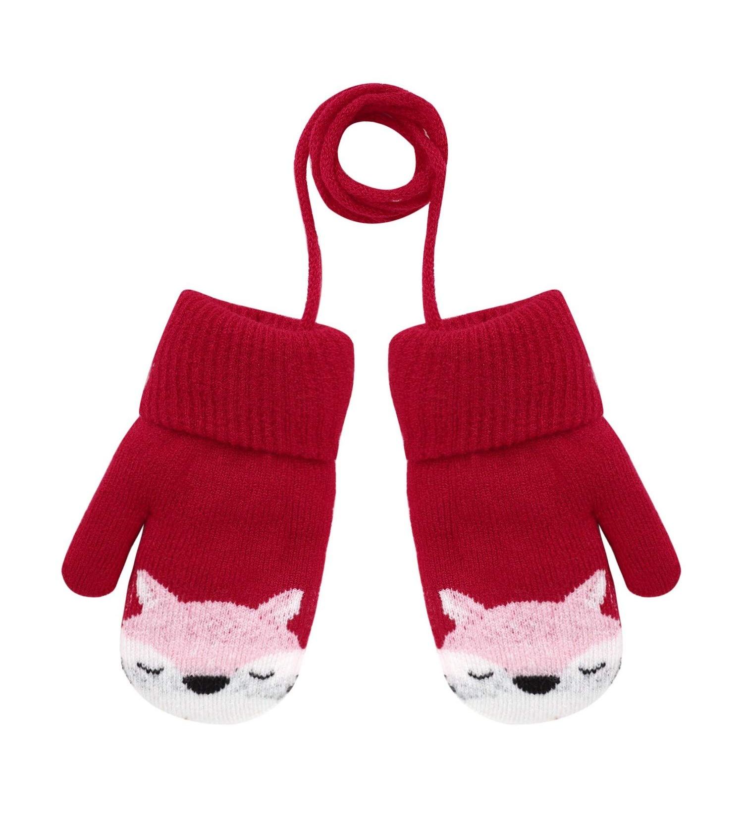 Cute Fox Knitting Short Gloves for Toddler Kids | Winter Thermal Plush Lining | 1-3 Yrs | Red - Buy Online on GoSupps.com