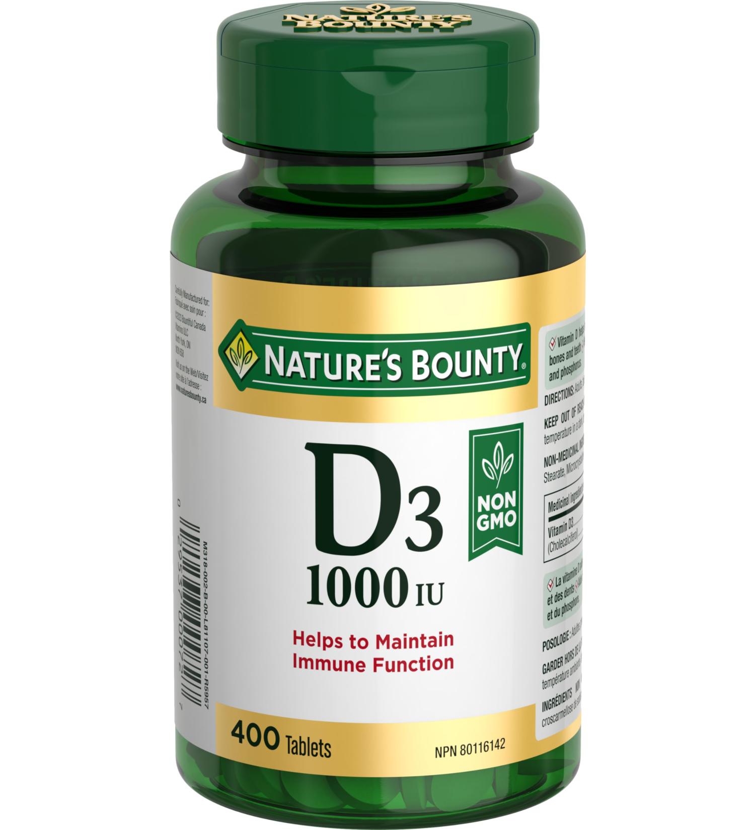Nature's Bounty Vegetarian Non-GMO Vitamin D3 Vitamin D 1000 IU Supplement Helps to Maintain Immune Function 400 Tablets - Buy Online on GoSupps.com