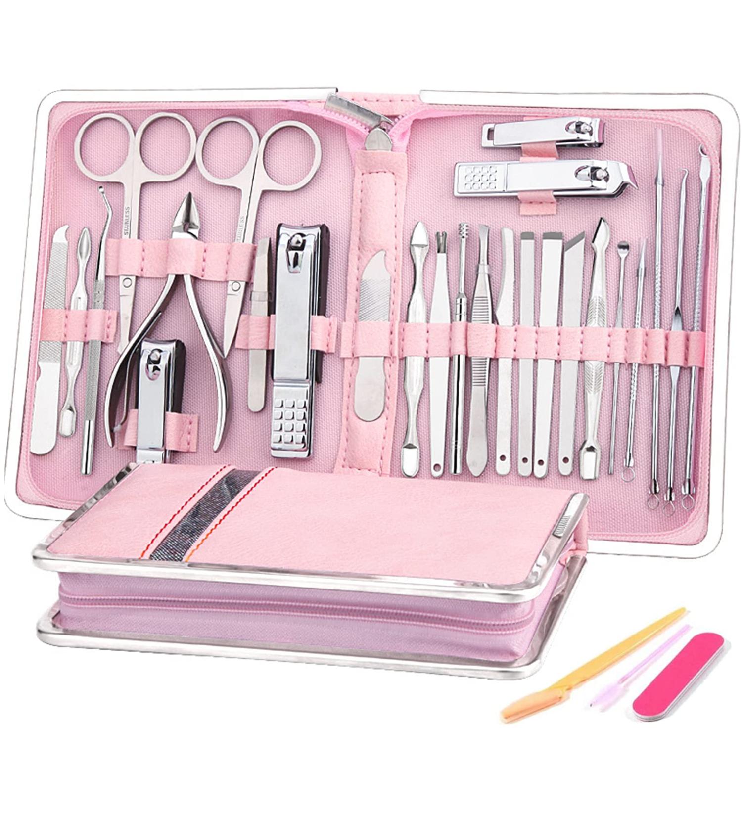 SONGQEE 29pcs Manicure Pedicure Set for Women/Men - Professional Stainless Steel Nail Clipper Kit in Pink Leather Case - Fashion Grooming Tools for Girls - Buy Online on GoSupps.com