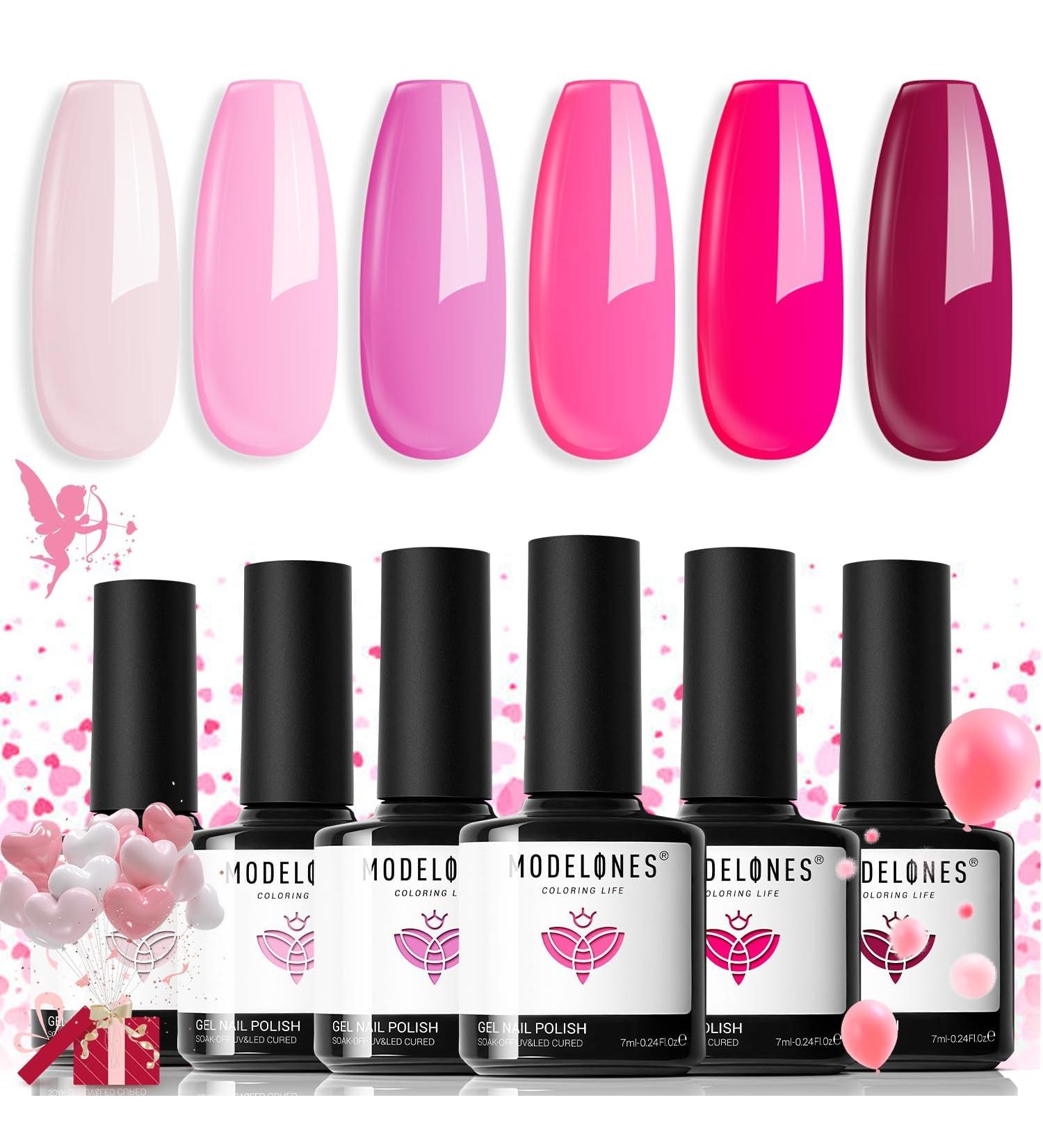 Modelones Gel Nail Polish 6 Colors Hot Pink Tones Neon Pink Shades Magenta Light Soft to Dark Gel Polish Nail Art Design for Women Girls Salon DIY Home Manicure Kit Valentine's Day Nails Gift - Buy Online on GoSupps.com