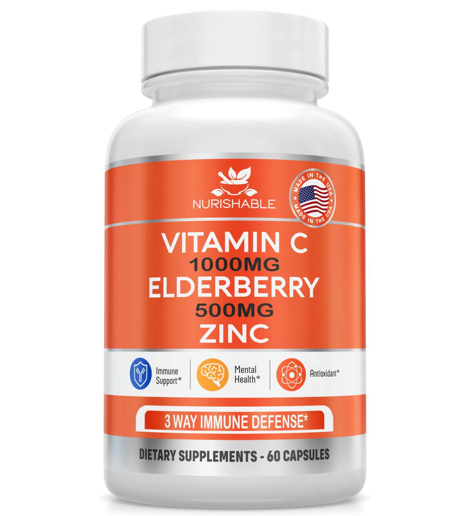 Elderberry with Zinc & Vitamin C Capsules - Immune Support & Antioxidant Protection - 1000mg Vitamin C, 50mg Zinc - Non-GMO, 60 Veggie Capsules - Buy Online on GoSupps.com