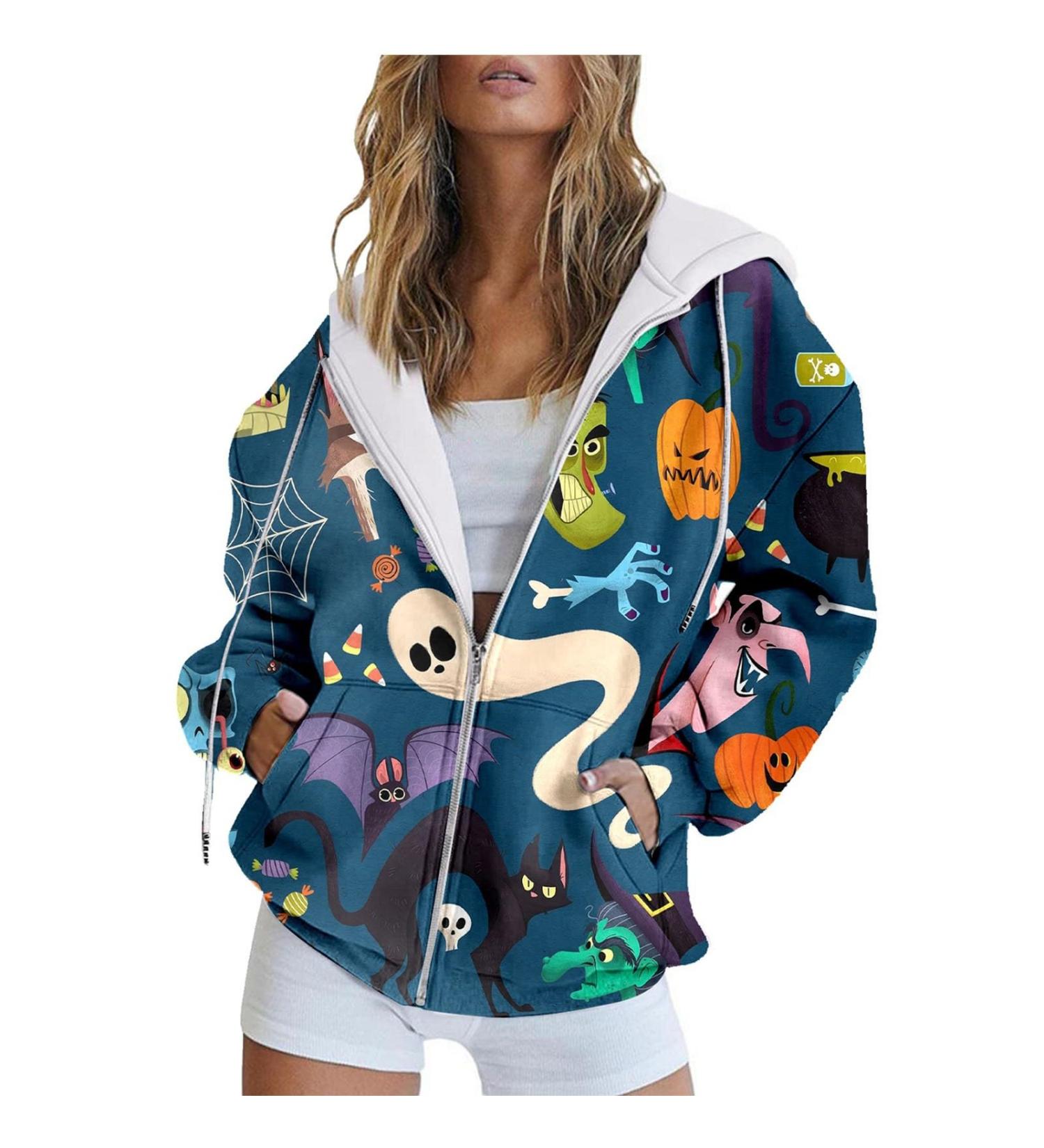 Halloween Costumes Bat Hooded Sweatshirt Long Sleeve Pocket Zipper Sport Coat Loose Women's Hooded Sweatshirt X-Small Green - Buy Online on GoSupps.com