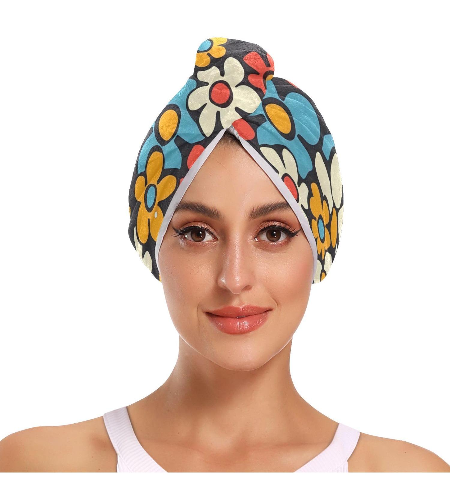Red Blue Yellow Groovy Flowers Hair Towel 2 Pack | Super Absorbent Quick Dry Hair Turbans with Button Wrap for Women & Girls - Ideal for Fast Hair Drying - Buy Online on GoSupps.com